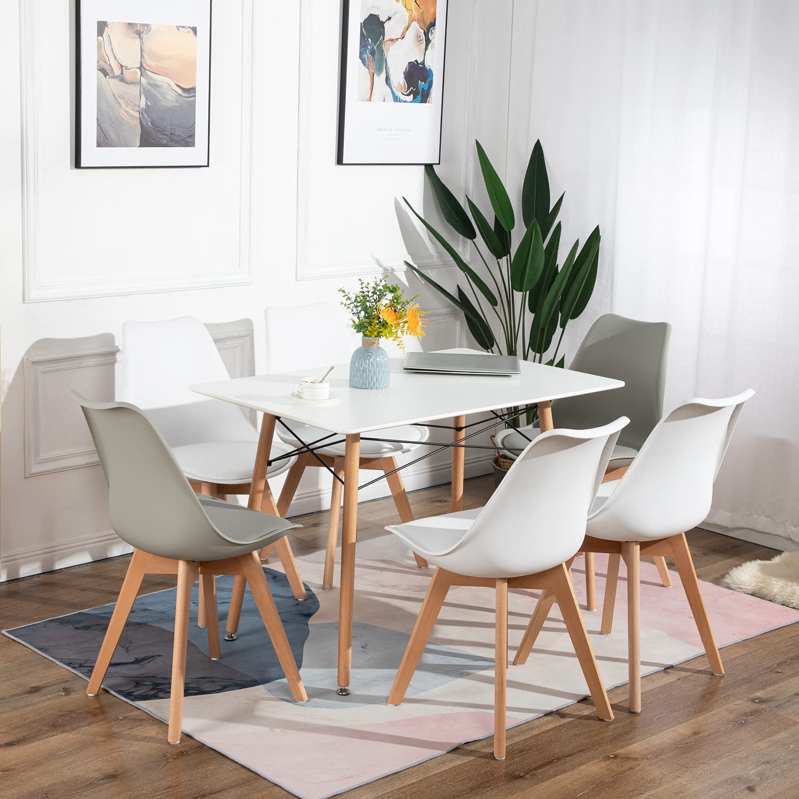 H.J WeDoo Pack de 4 Sillas de Comedor Silla Escandinava, Pata Madera de Haya y Asiento Acolchado, Estilo Nórdico - Blanco
