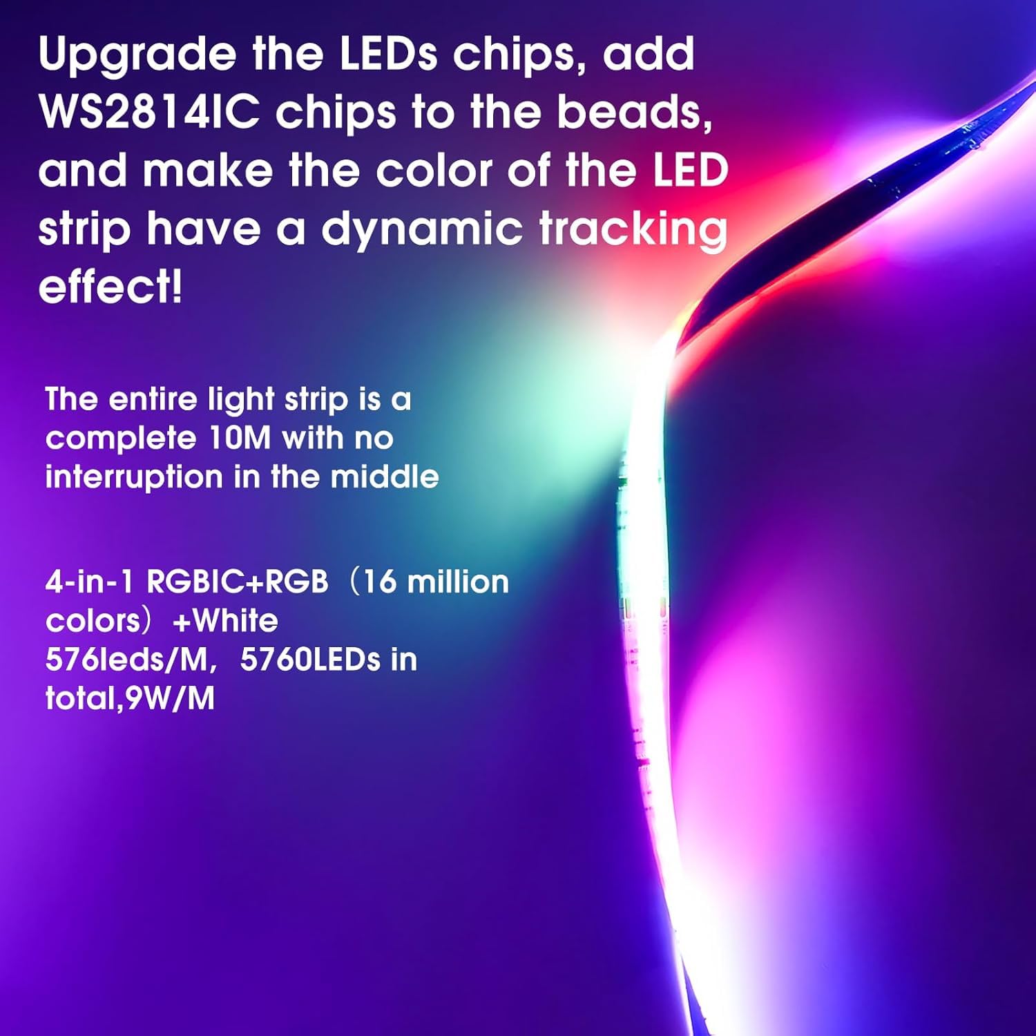 Smart RGBIC COB LED Strip 10M,Colour Changing LED Tape Lights,DC24V,10mm Width,Multicoloured Flexible Lights with APP Control,Work for Alexa for Home DIY Lighting - Image 3
