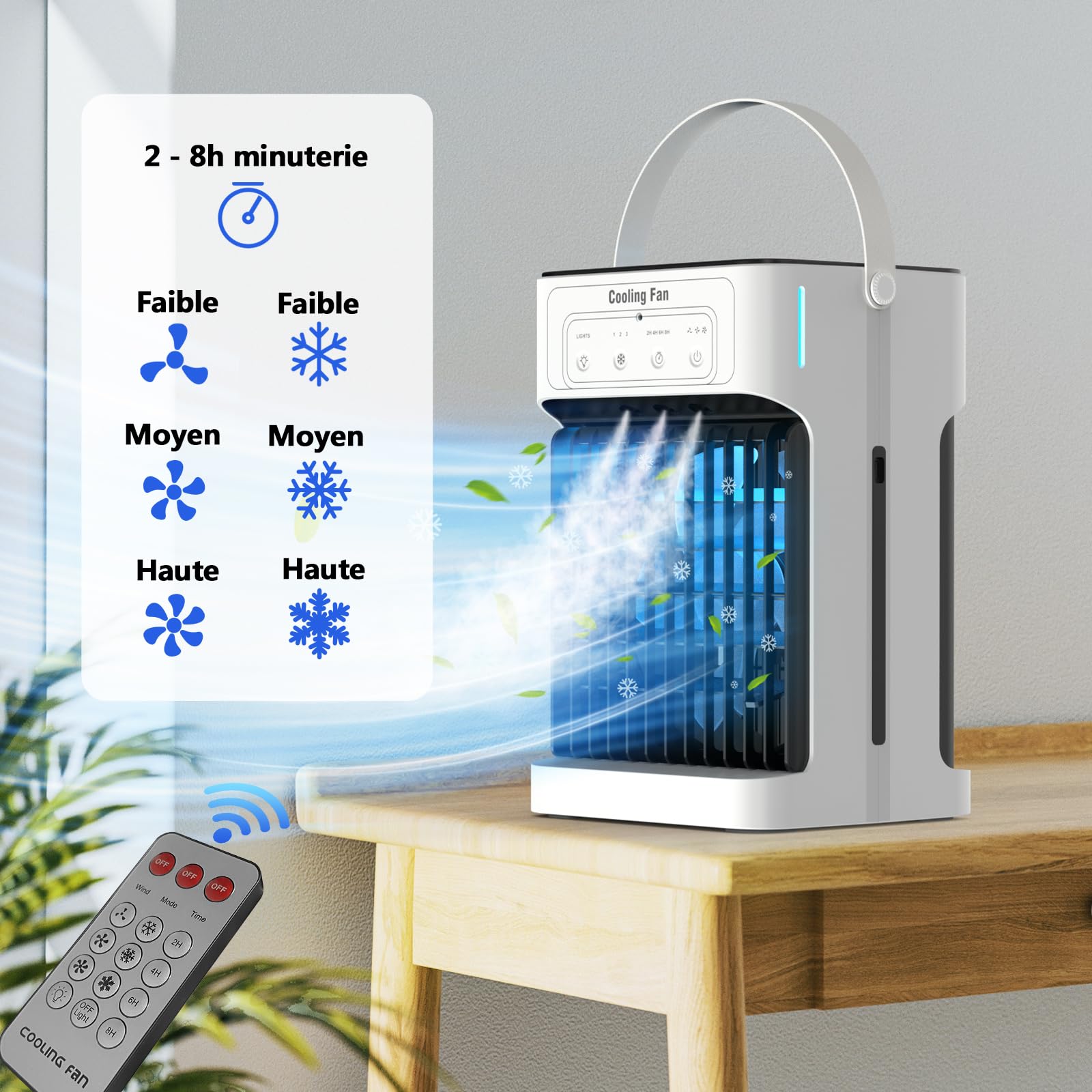 Portable Climatiseur Mobile, 1100ML Rafraichisseur d'air avec 3 Vitesses d'air & 3 Brumes de Refroidissement, 2-8H Timer & 7 LED,USB Clim Mobile pour Chambres,Appartements et Bureaux