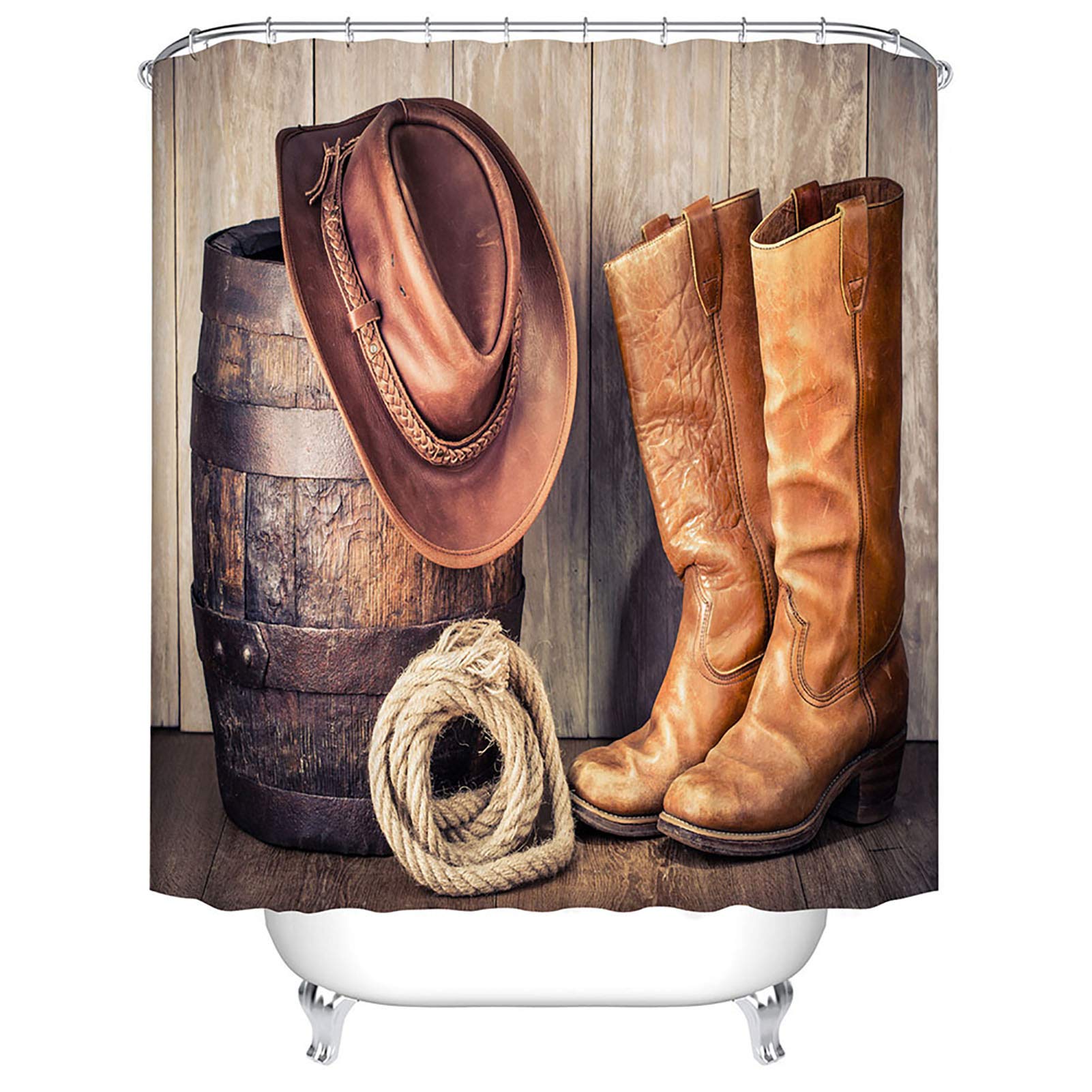 BOYOUTH Wine Barrel,Cowboy Hat and Boots Pattern Digital Print Shower Curtain for Bathroom Decor,Polyester Waterproof Fabric Bath Curtain with 12 Hooks,70x70 Inches,Multicolor