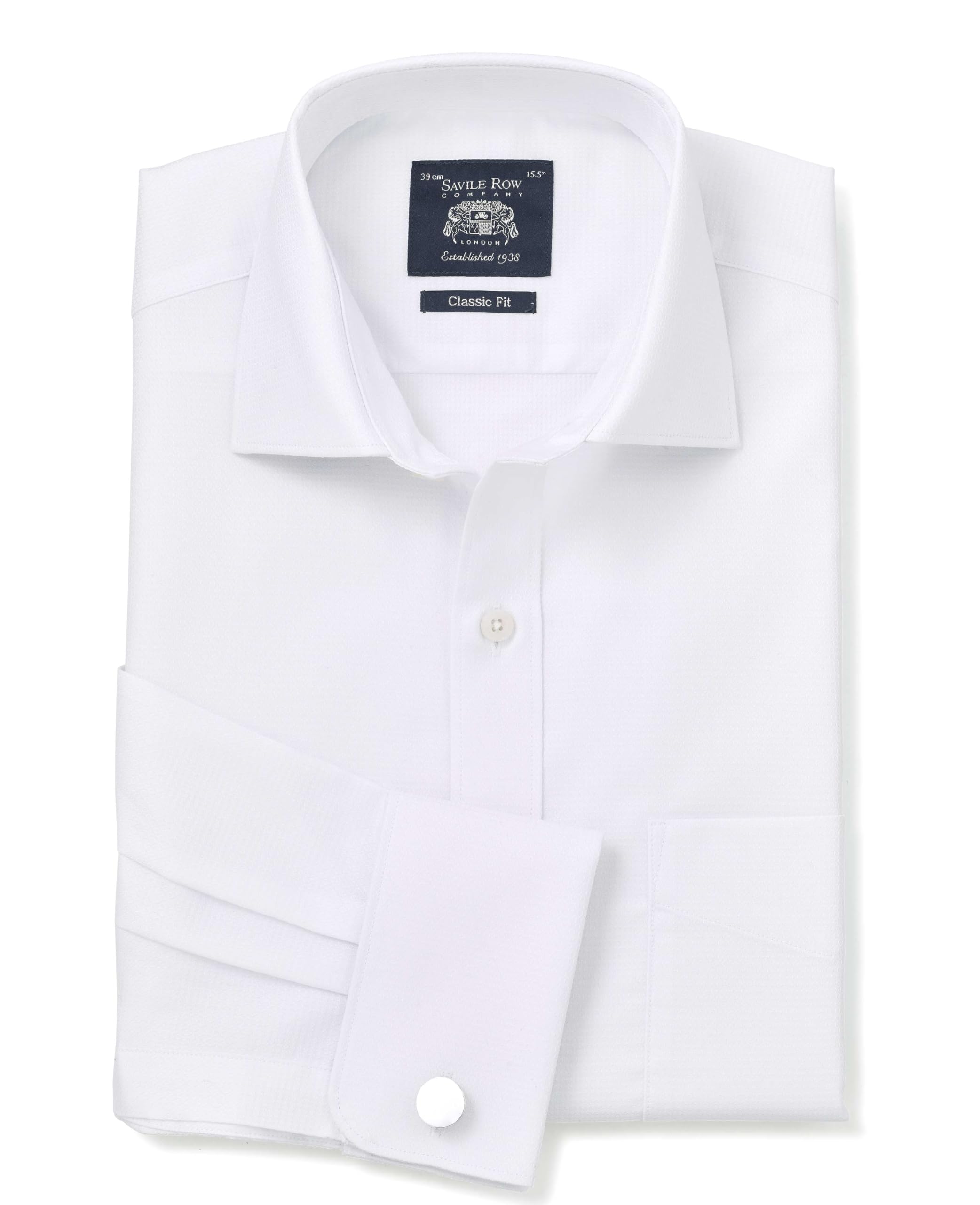 THE SAVILE ROW COMPANY LONDON Men's Classic Fit Cotton Dobby Textured Double Cuff Formal Shirt - White - 19.5" Collar