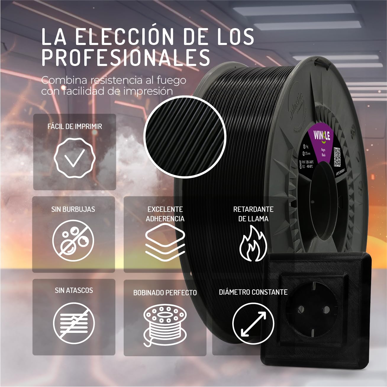 WINKLE Filament PETG FR 1,75 mm Noir 1 kg, Filament pour Imprimante 3D, PETG Résistant à la Flamme EN13501-1 pour Applications Électroniques et Exposition à des Sources de Chaleur, Précision