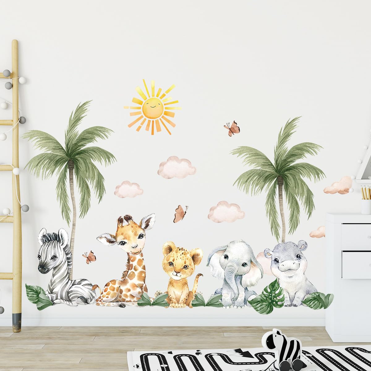 SHUCHING Watercolor Jungle Animal Wall Stickers Peel and Stick, Elephant Giraffe Zebra Wall Decals - Image 3