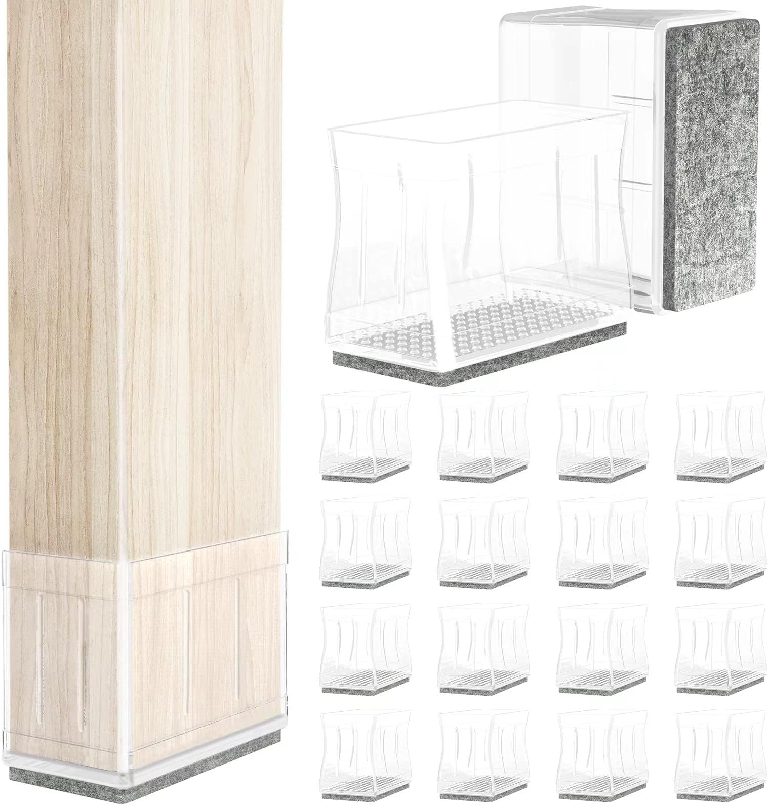 1" x 1.5" Rectangle Chair Leg Protectors for Hardwood Floors Silicone Covers to Protect Wood Tile Floors Felt Pads Furniture Leg Caps Reduce Noise.Easy to Move.16 PCS Clear.