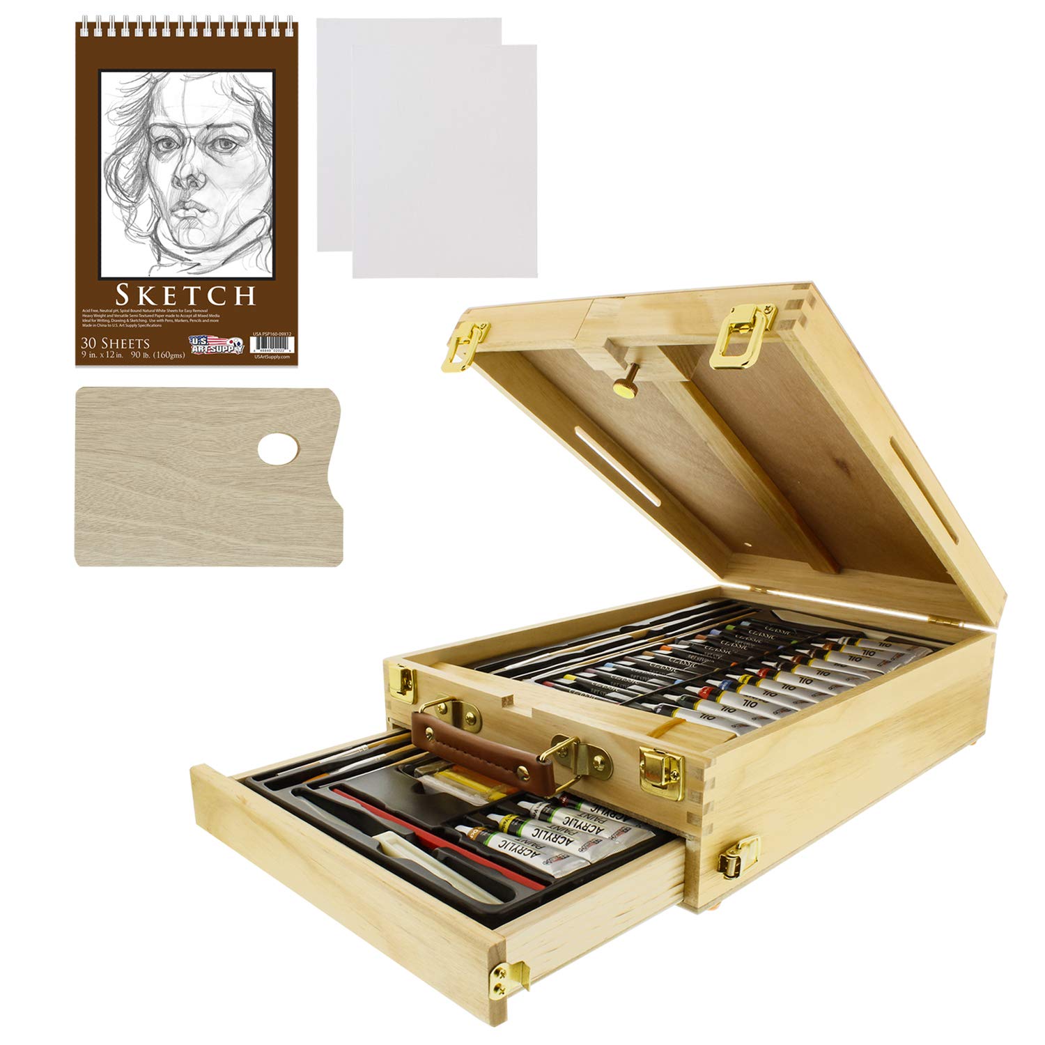 US Art Supply 62Piece Wood Box Easel Painting Set Box Easel, Acrylic