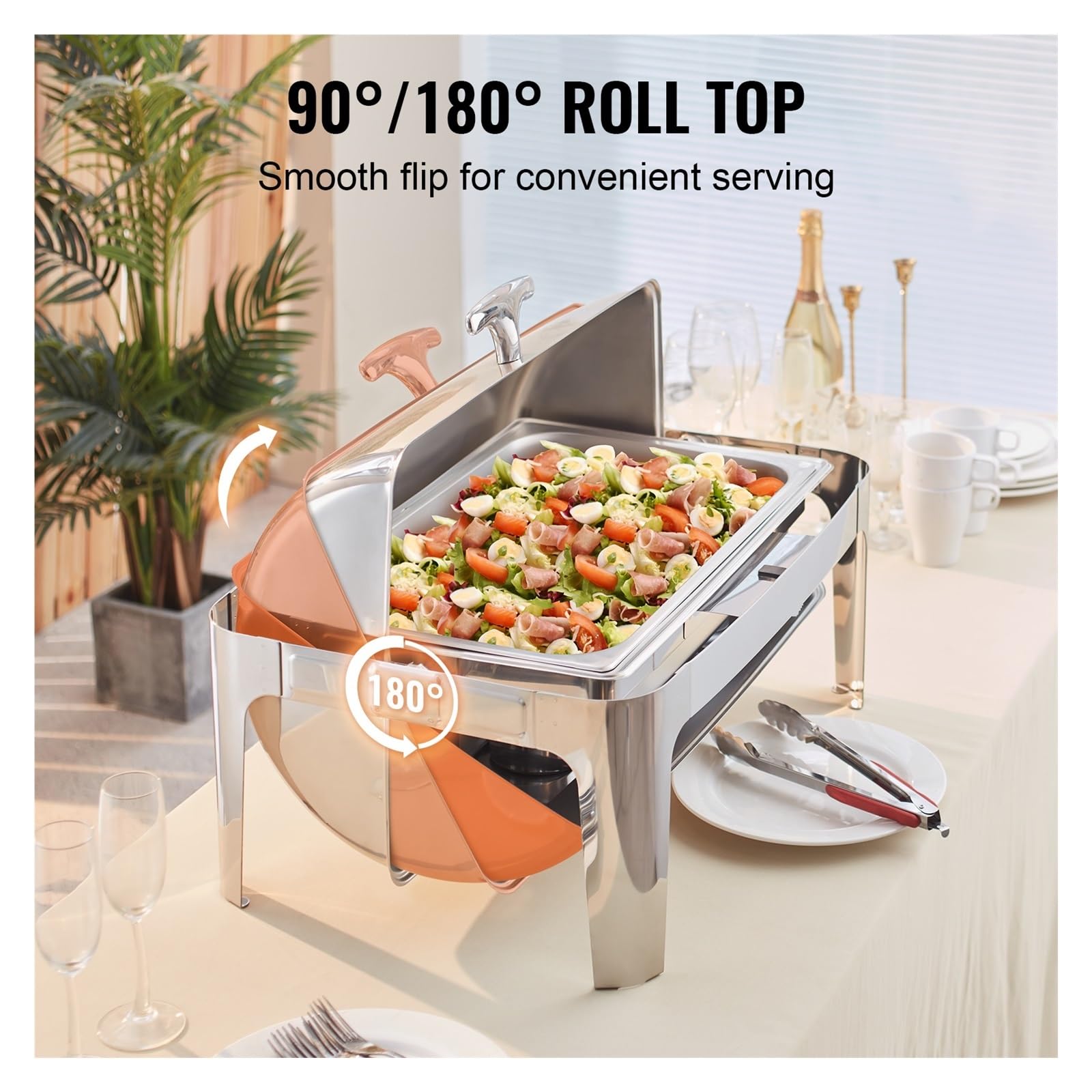 Plato De Frotamiento con Tapa Enrollable, Juego Buffet, Escalfador Acero Inoxidable 8 Cuartos Sartén Tamaño Completo, Calentador Catering Rectangular, Servidor Calor Duradero