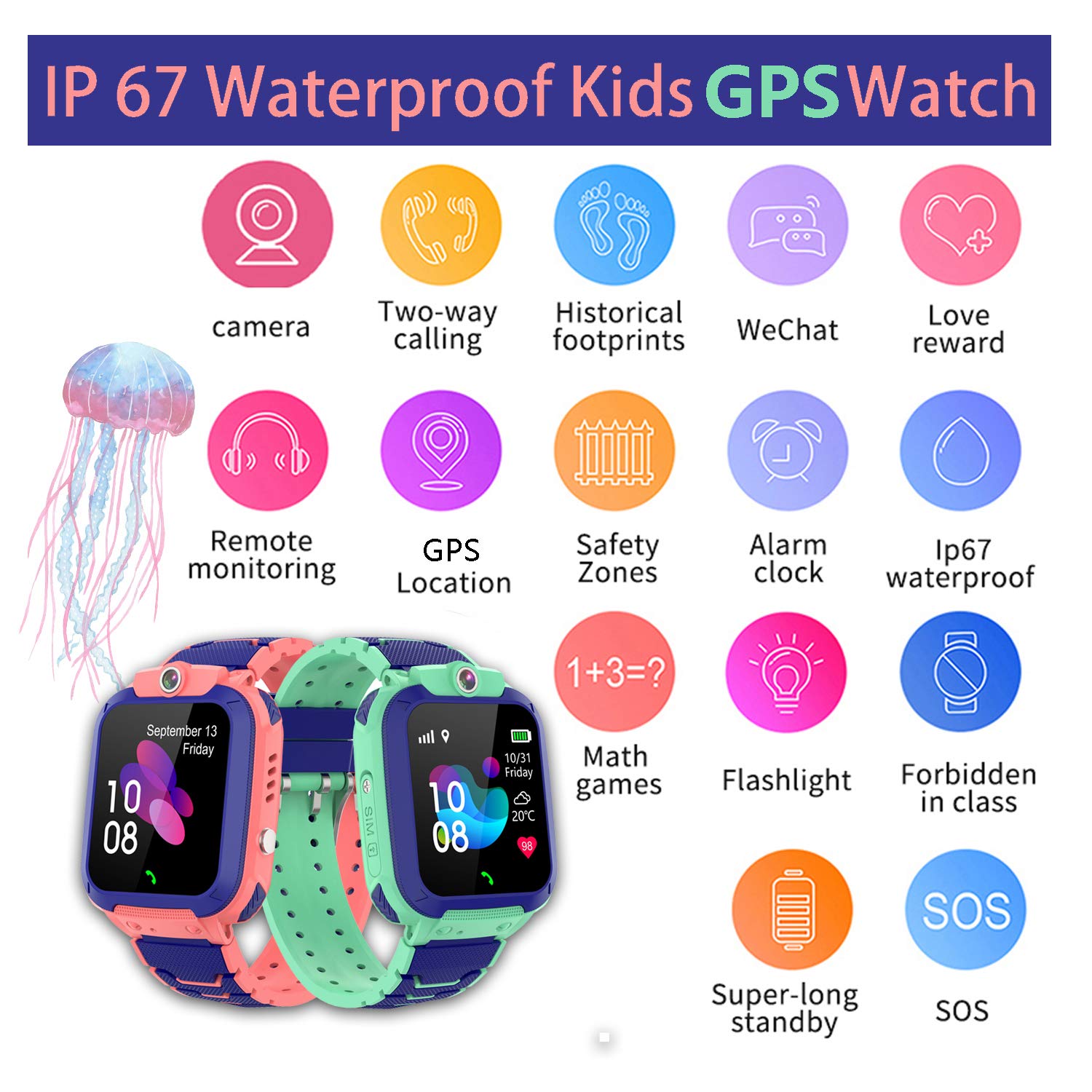 PTHTECHUS Reloj Inteligente para Niños Impermeable - Niños Reloj Inteligente GPS Tracker Posicionamiento Teléfono, Llamada de Emergencia SOS Valla electrónica Cámara Despertador PodometreChat Vocal