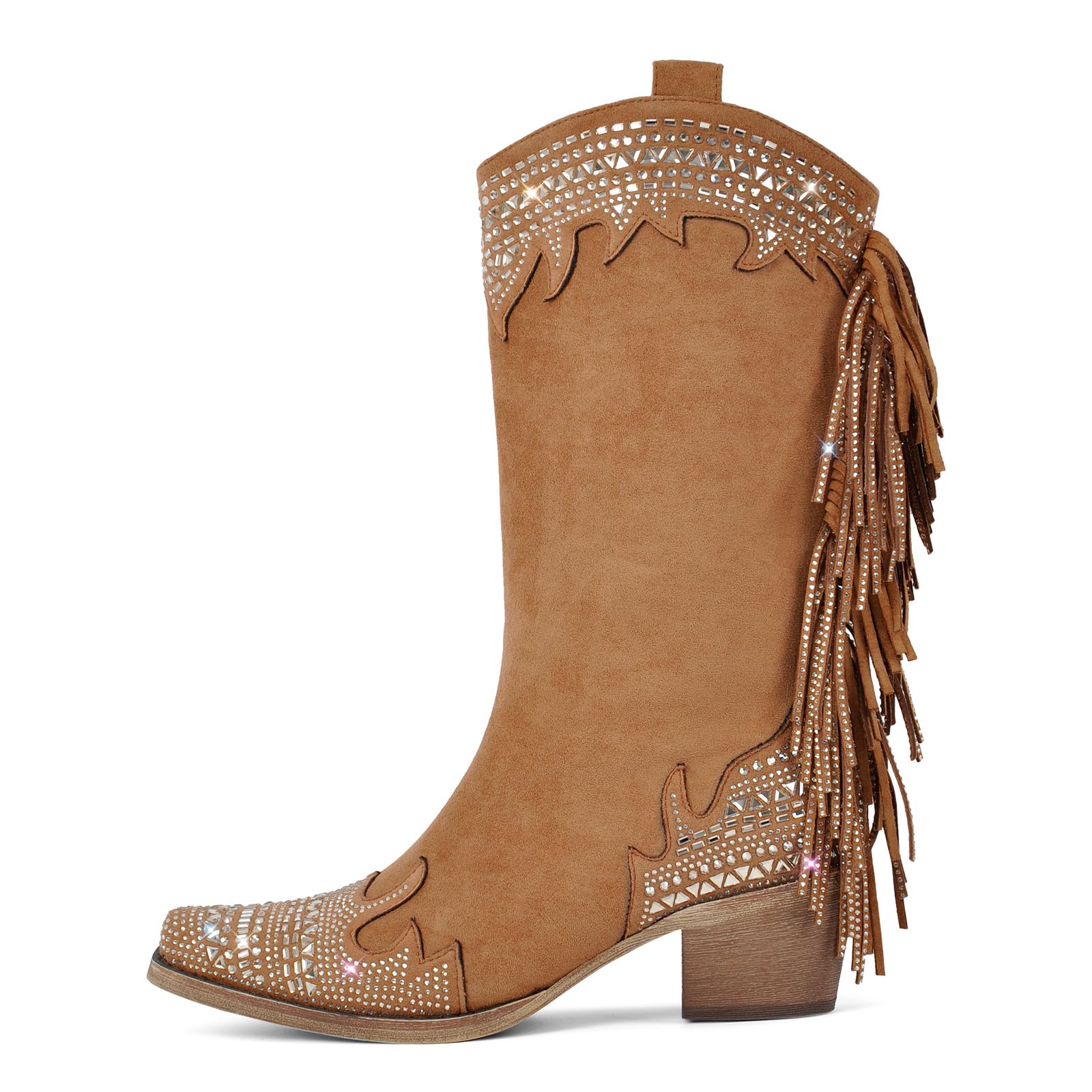 LISHAN Womens Square Toe Western Boots Studded Fringed Cowgirl Cowboy Mid Calf Boot Block Heel