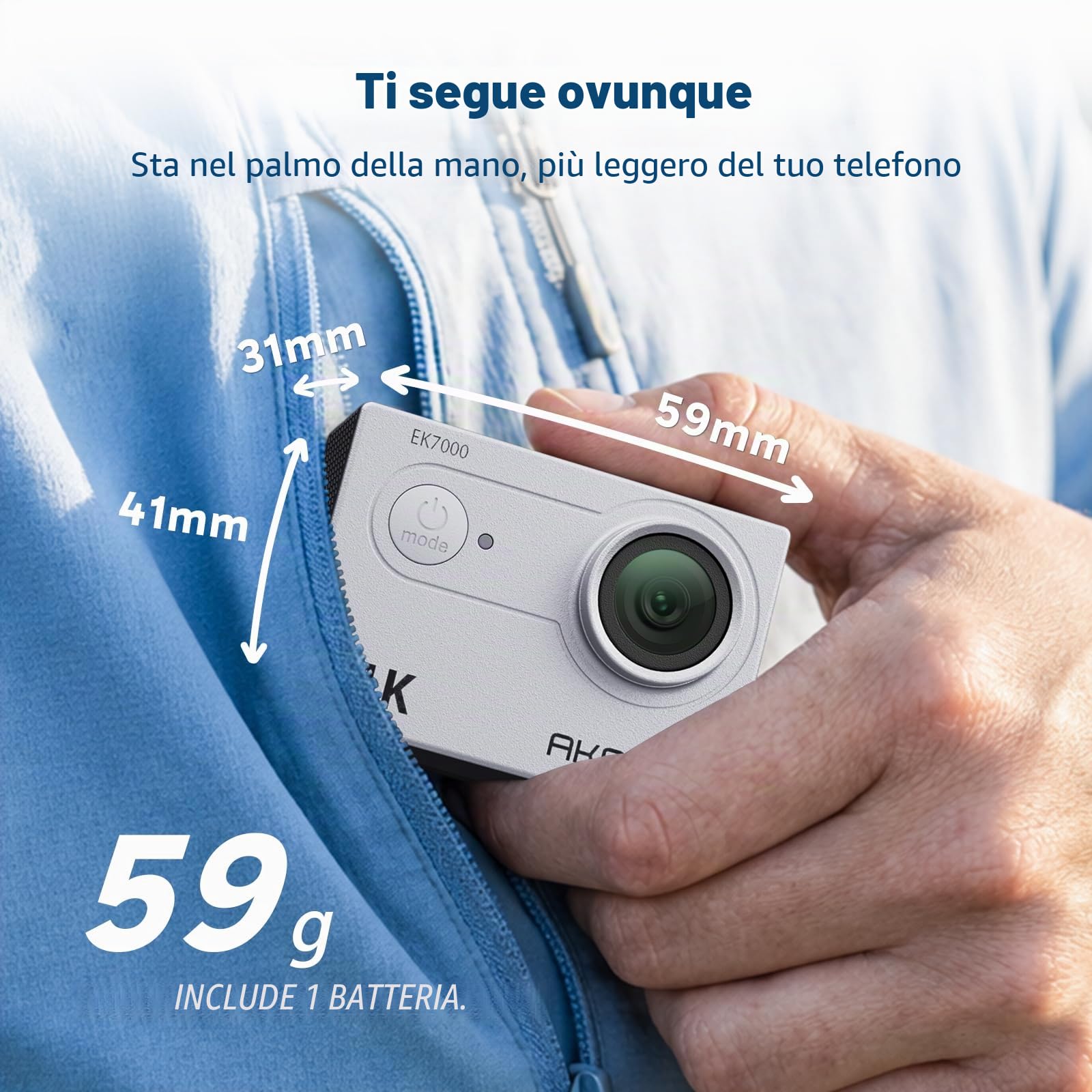 AKASO EK7000 Action Cam 4K 30FPS, WiFi 20MP Fotocamera Subacquea 30M, Videocamera Stabilizzata Caricabatterie con 2 Batterie Angolo di 170° Telecomando 2.4G e Kit Accesorios Multiples (Argenteo) | Con EIS, Custodia Impermeabile fino a 30 m, Telecomando, Z