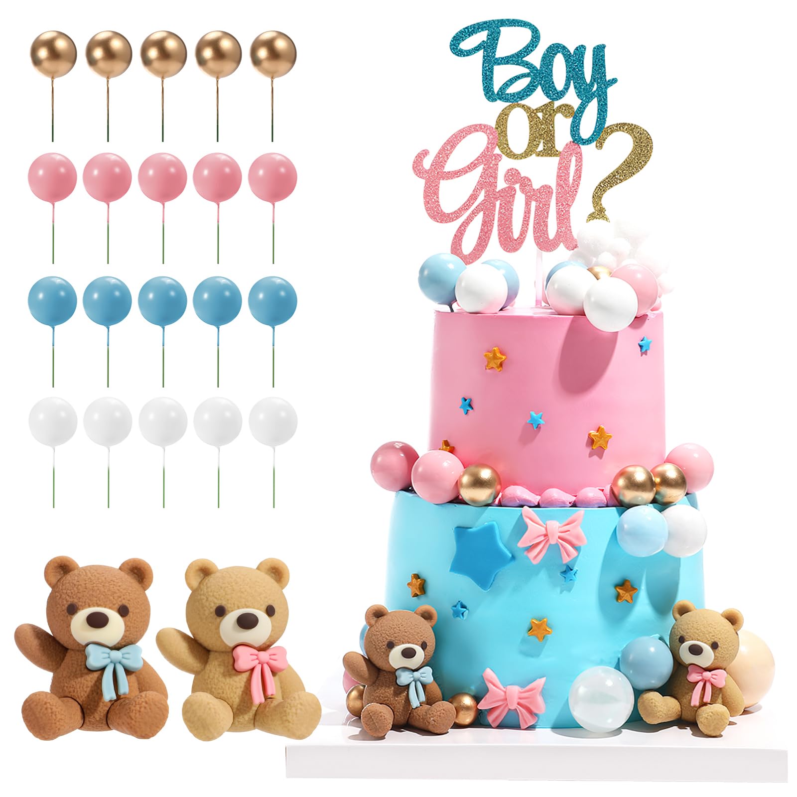 23 PCS Gender Reveal Cake Toppers, Beaer Balls Cake Decorations with Boy or Girl for Gender Reveal Baby Shower Party Supplies