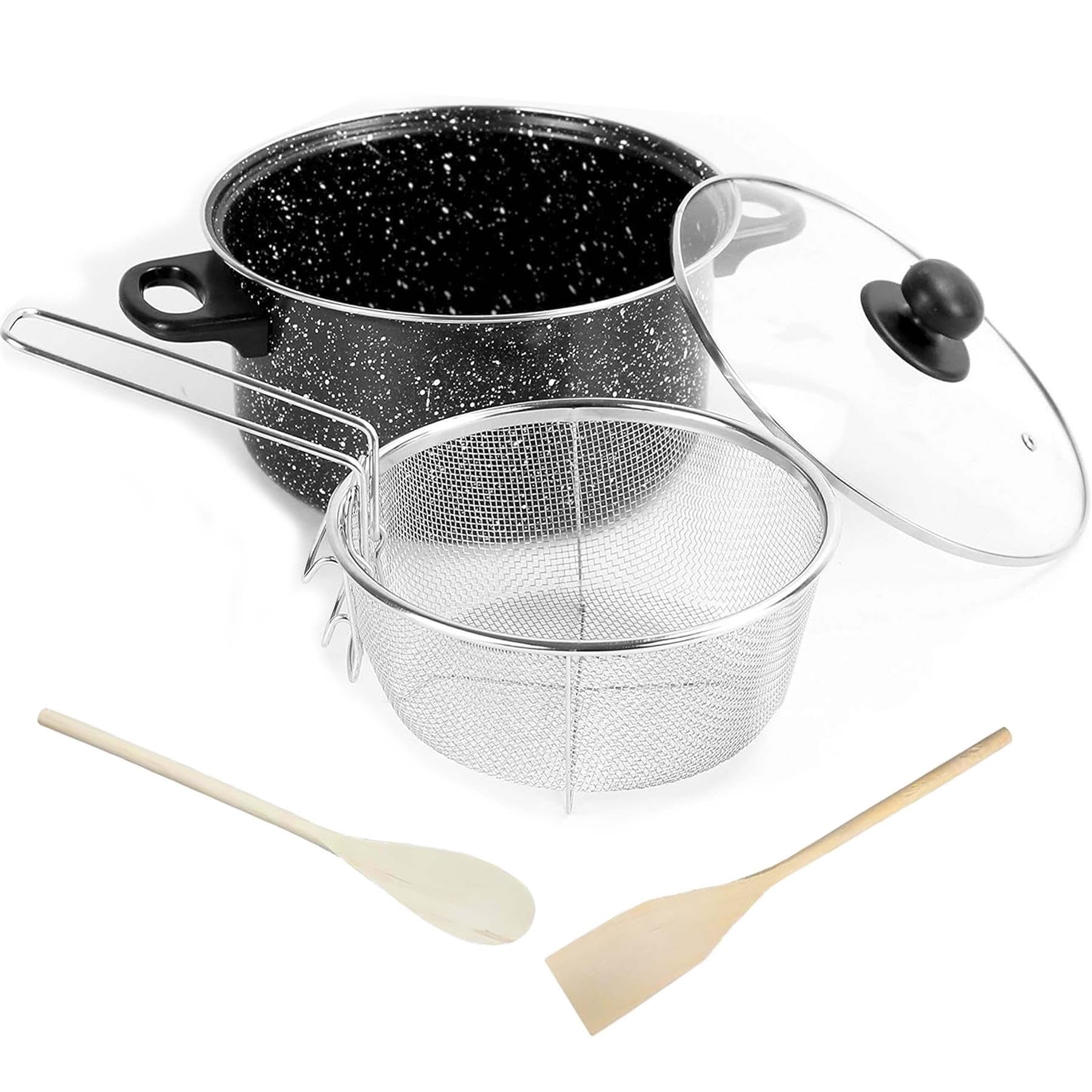 Buystarget 24cm Non Stick Chip Pan 5 Piece Deep Fat Fryer Cooking Pot Set Frying Basket Glass Lid Wire Strainer with Handle Non Stick Carbon Steel 5L Deep Frying Pan 9'' Saucepan (Black Marble)