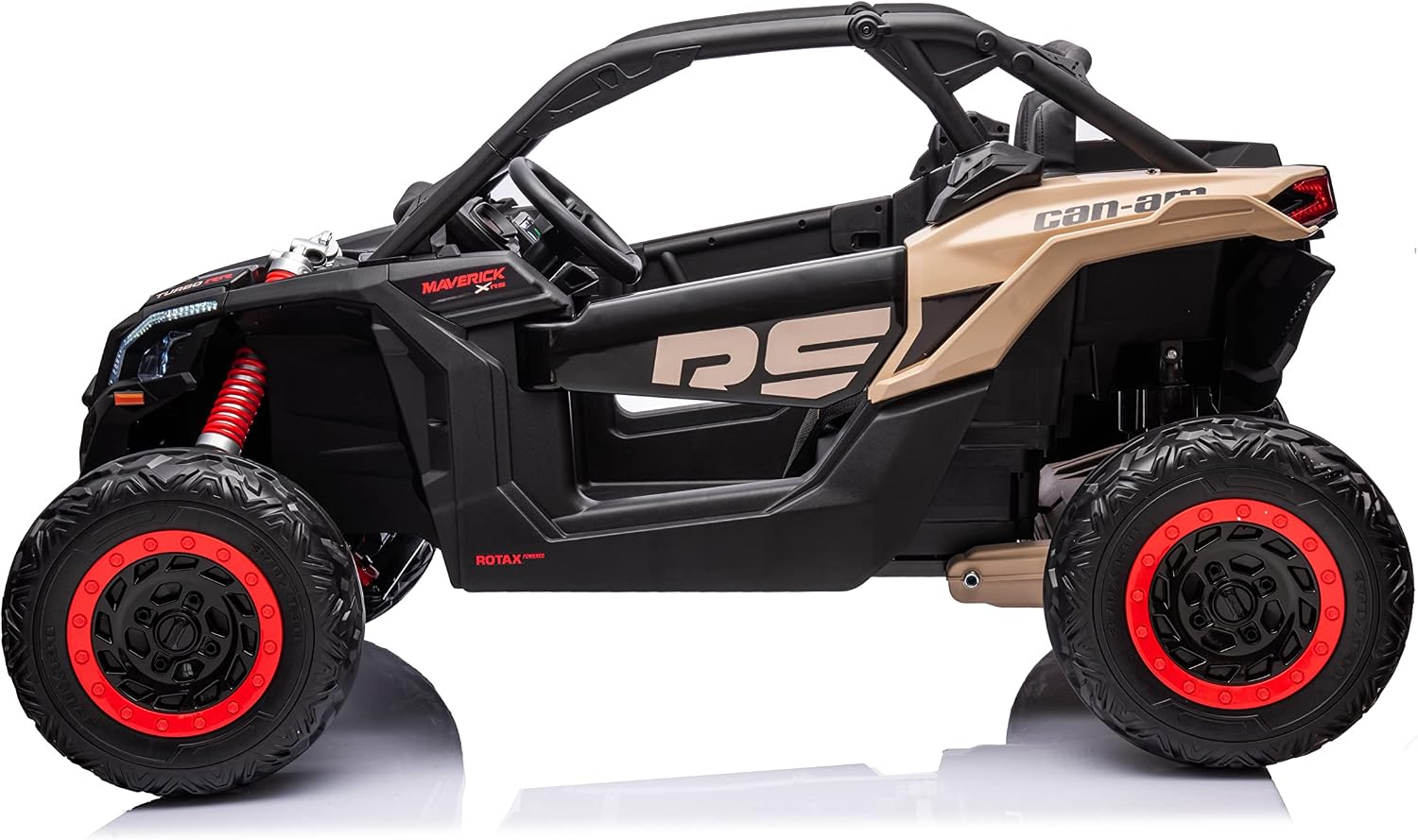 Can Am Maverick 2x24V, 4x4 Kids UTV 2 Seater Ride-On, Ages 3-8, 110 lbs Capacity, LED Lights, Leather Seats, Parental Remote Control, Bluetooth, Radio, MP3/Aux, EVA Tires, LED Lights (Khaki)