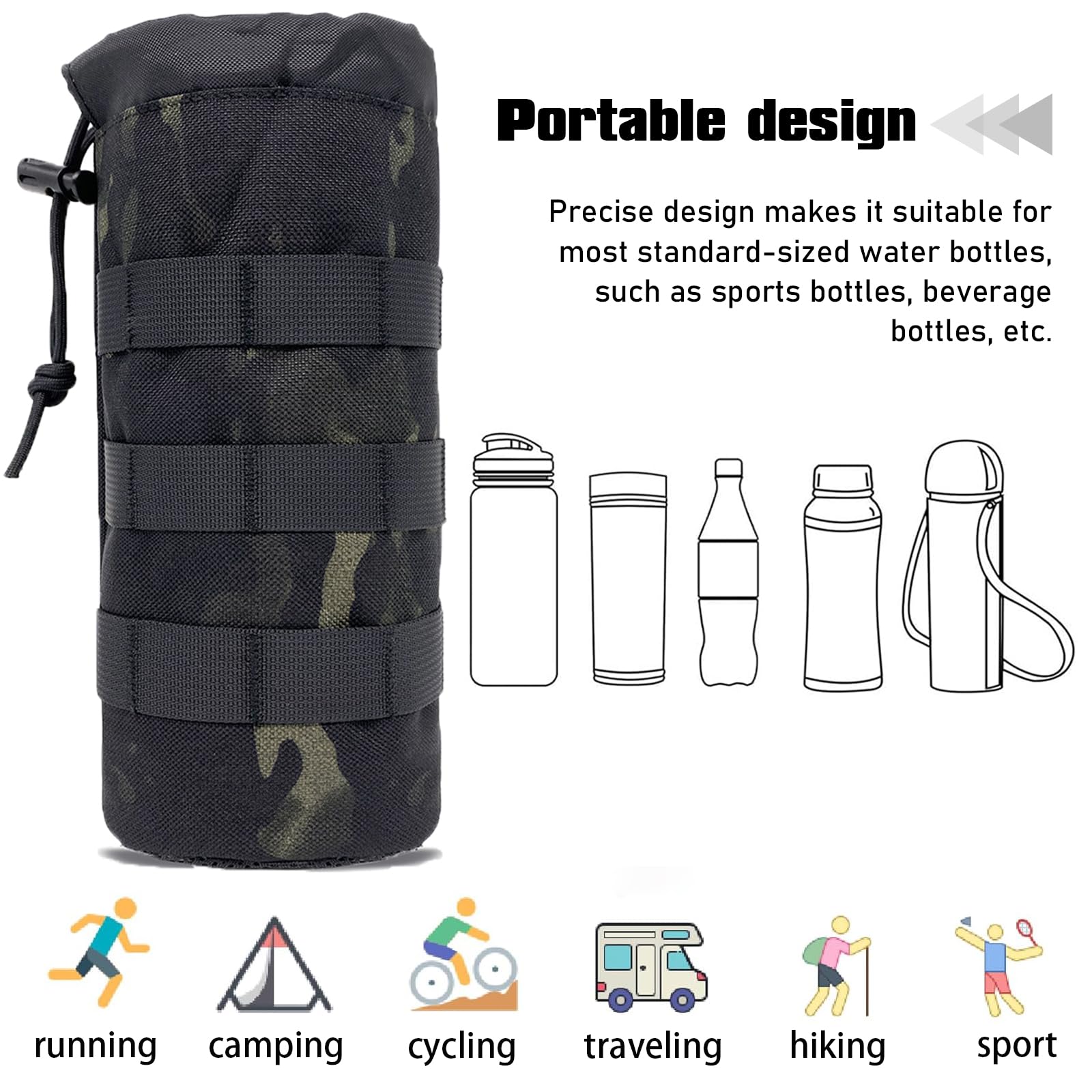 Molle System uchwyt na butelki, taktyczny, nylonowy uchwyt na napoje ze ściągaczem, składany uchwyt na butelki z siateczki, na podróż, wędkowanie, polowanie, wędrówki, aktywności na świeżym