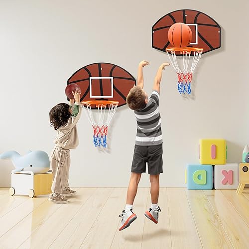 Miniatura 2 de GYMAX Mini aro de baloncesto, aro de baloncesto portátil montado en la pared con tablero inastillable y red para todo tipo de clima, accesorios de
