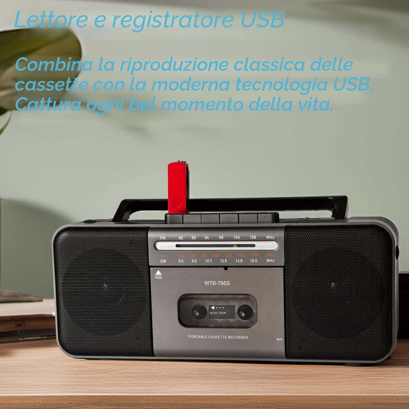 Lettore di cassette AM/FM/SW Bluetooth 10W portatile convertitore MP3 USB