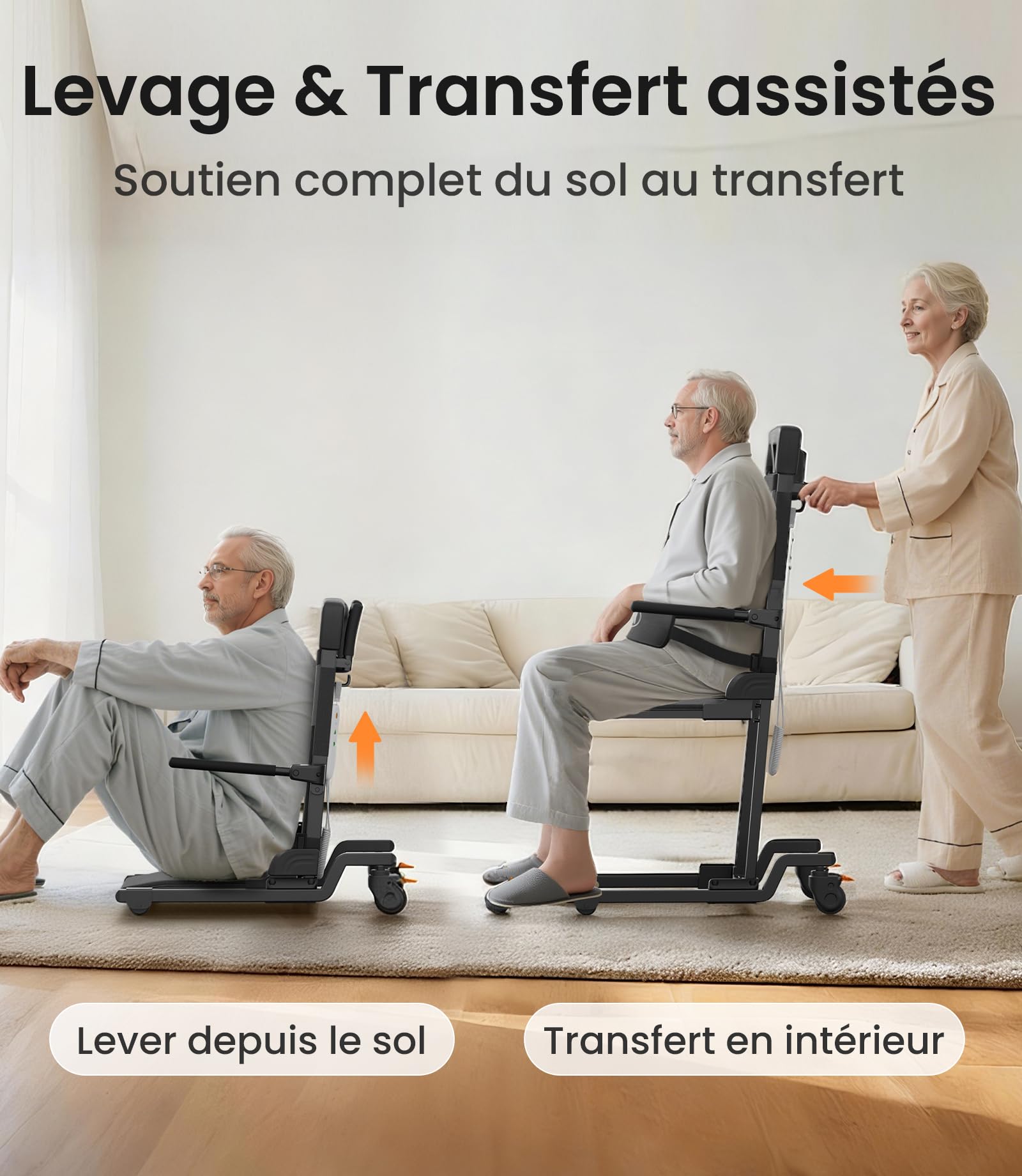 VOCIC AX35 Aide au relevage avec Transfert, roulettes et Freins | Senior domicile, aide après chute, lève-personne transfert, lit canapé fauteuil roulant, 4 roues avec freins compact 160KG