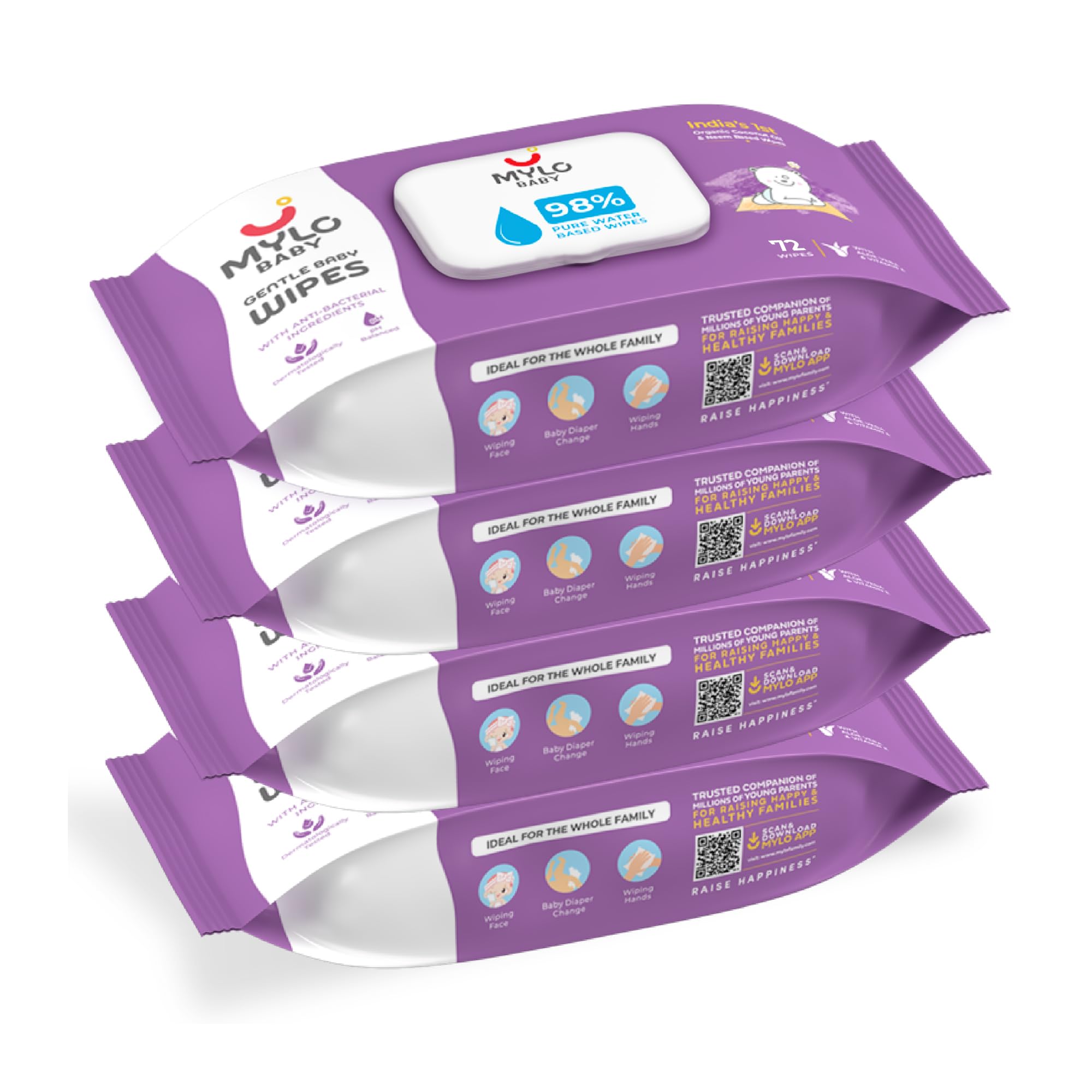 Mylo Baby Gentle Baby Wipes (With Lid - Pack of 4), Moisturizing Baby Wipes with 98% Pure Water, Organic Coconut Oil & Neem (80 wipes x 4 packs) | Vitamin E, Aloe Vera | No Parabens, No Alcohol-image-5