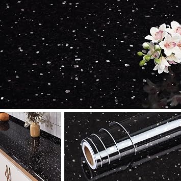 Livelynine 15.8x197 Black Contact Paper Peel and Stick Countertops Granite Countertop Contact Paper Waterproof Kitchen Counter Top Vinyl Wrap Self Adhesive Wallpaper for Bathroom Laminate Desk Cover