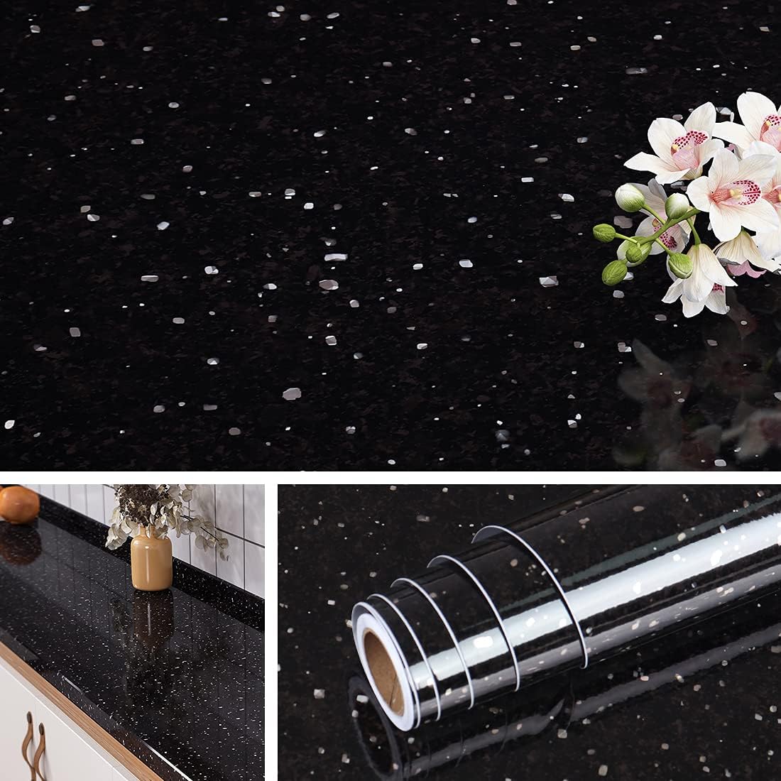 Papier peint adhésif noir pour relooker un plan de travail de cuisine et meuble de douche