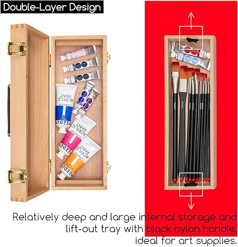 Miniatura 5 de MEEDEN Caja de almacenamiento mediana de suministros de arte, baúl de madera de haya maciza multifuncionalcaja de herramientas de arte con bandejas