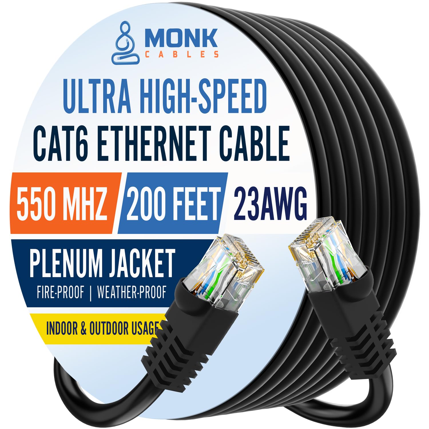 MONK CABLES | CAT6 Ethernet Cable | Plenum Rated | UTP, 23AWG, 550MHz | DSX-8000 Certified | Most Certified Cable of The Whole Market (Black, 200ft)