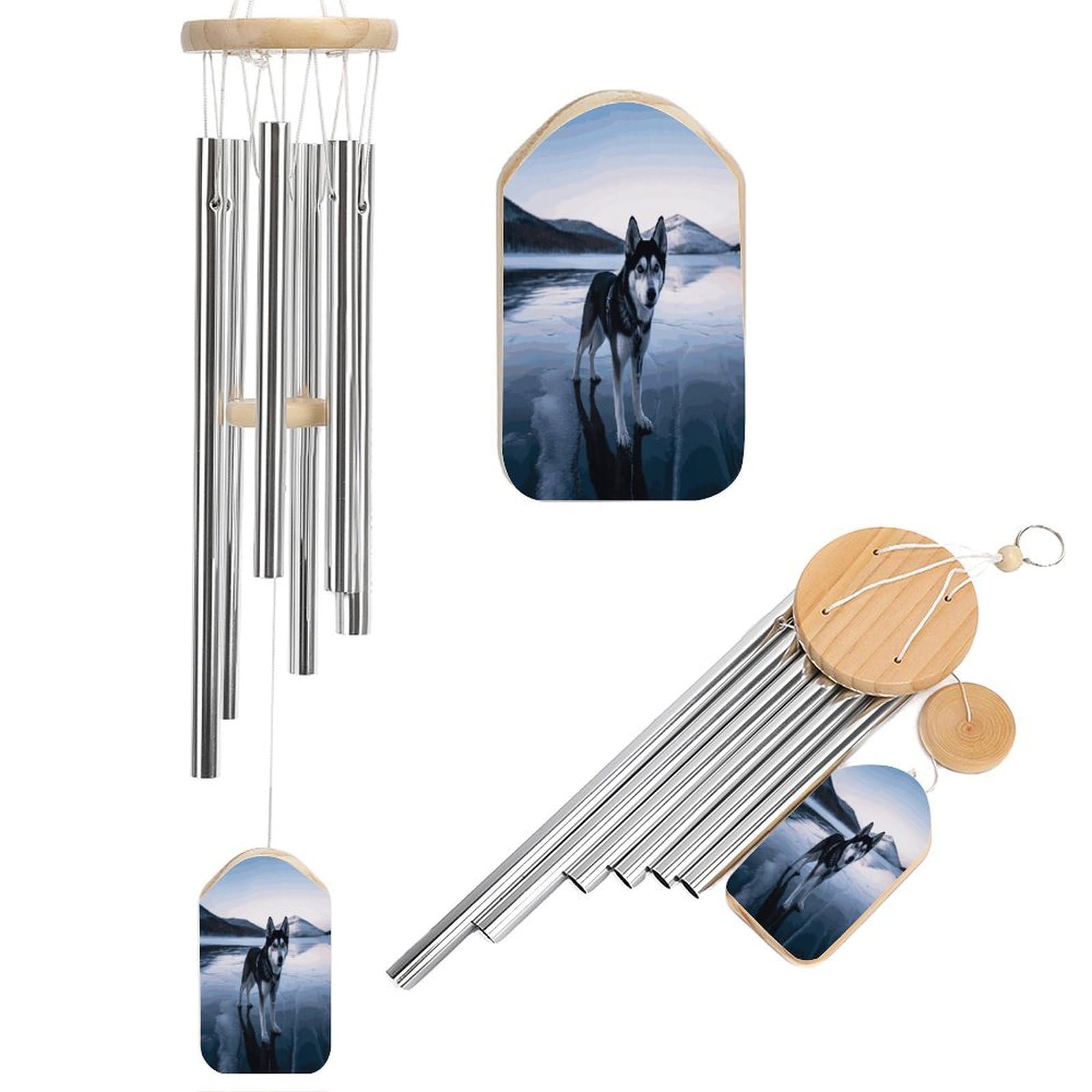 Btcowzrv Style Husky Dog On A Frozen Lake Wind Chimes For Outside, Hanging Windchimes With 6 Aluminum Tubes, Memorial Wind Chime For Patio Backyard Garden And Outdoor Decor
