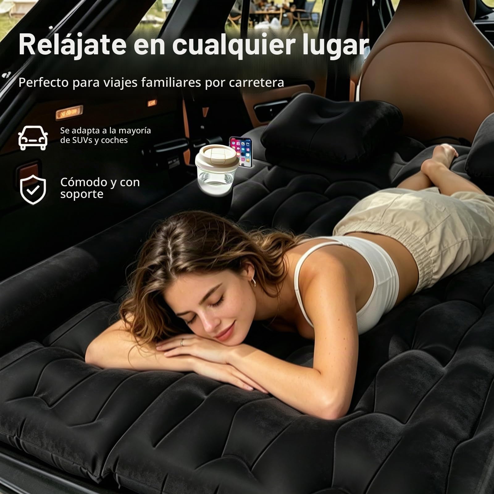 Colchon Coche, 1.75 * 1.35M Colchón para Coche Asiento Trasero, Incluye Bomba de Aire 2 Almohadas, SUV Colchón Hinchable, Tejido Grueso, Colchón Aire Coche para Viaje Camping (Negro)