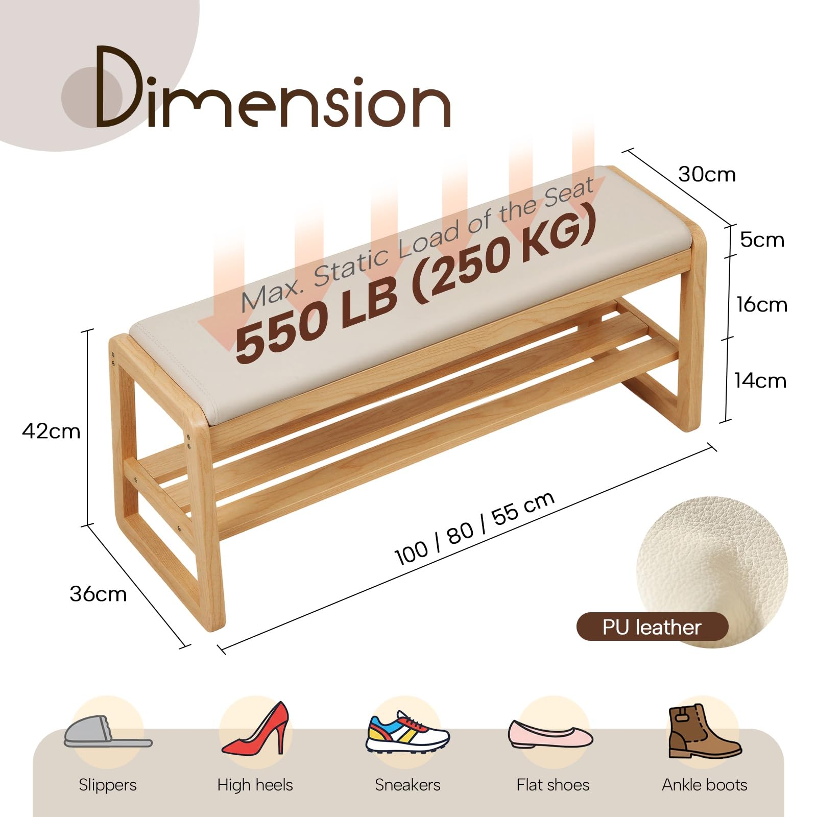 Banco Zapatero Recibidor con Almacenaje, Mueble Zapatero de Madera Maciza con Asiento de Cuero PU, Banco Entrada Efecto Roble Moderno, Estantería Zapatos 2 Niveles para Pasillo(100cm)