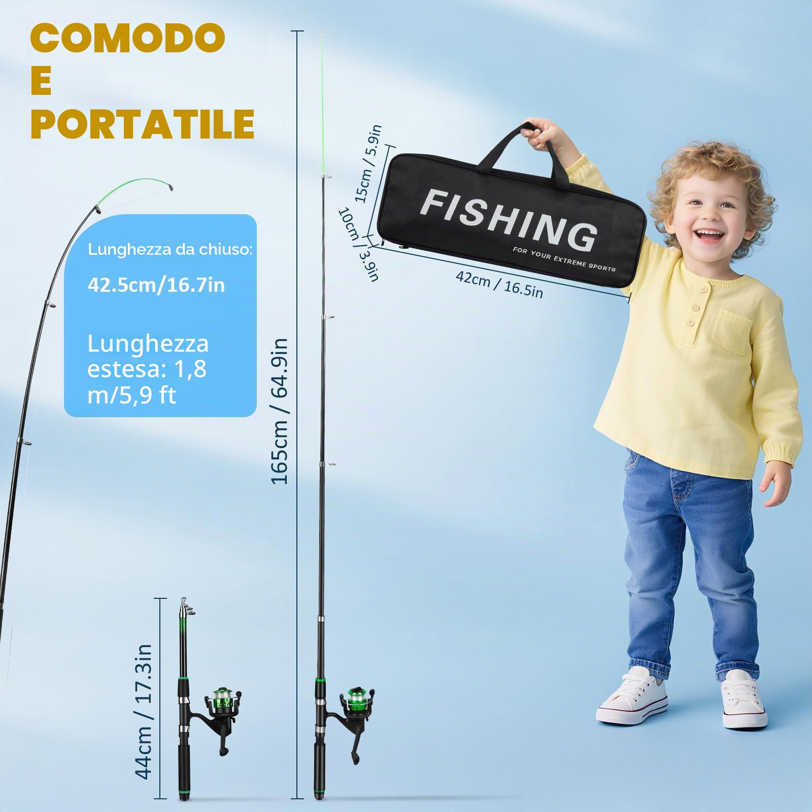 Set da pesca per bambini, 2 bobine telescopiche da pesca da 1,8 m, 3-10 anni, set di canne da pesca per bambini con mulinello ed esca, set di base per pesca per bambini, in fibra di carbonio, set
