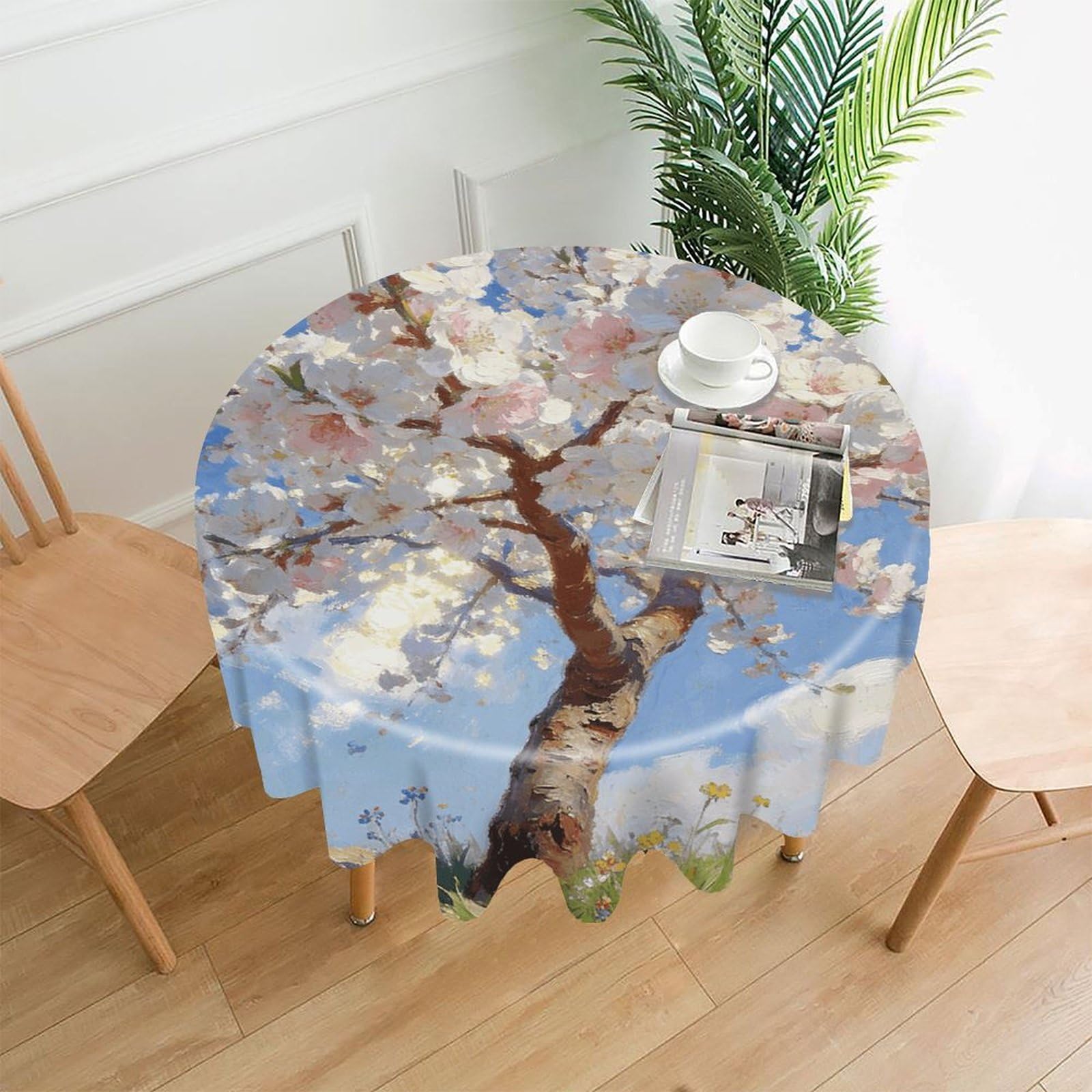 LZQPOEAS Blossoming Almond Tree Tablecloth Easy to Clean Polyester Round Table Cover Washable Round Table Cloth Wrinkle-Free Circle Decoration Tablecloth for Kitchen and Dining Room 60"