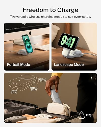 Miniatura 5 de Belkin Compatible con cargador MagSafe, estación de carga 2 en 1, base de carga inalámbrica magnética Qi2.2 de 25 W, soporte plegable, con puerto