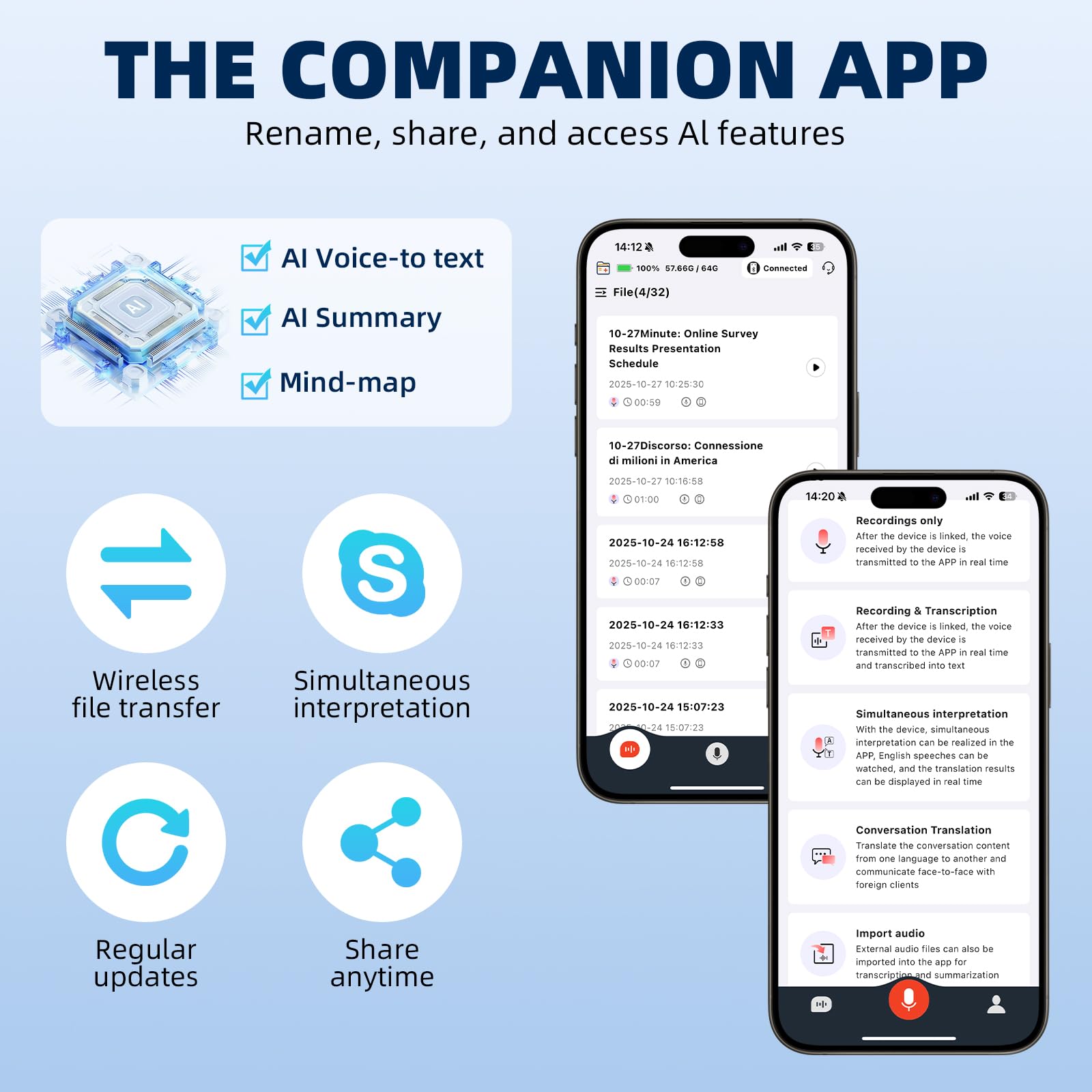 Enregistreur Vocal AI 64GB Professionnel Portable avec Transcription et Résumé, 256 Langues, Contrôle par Application