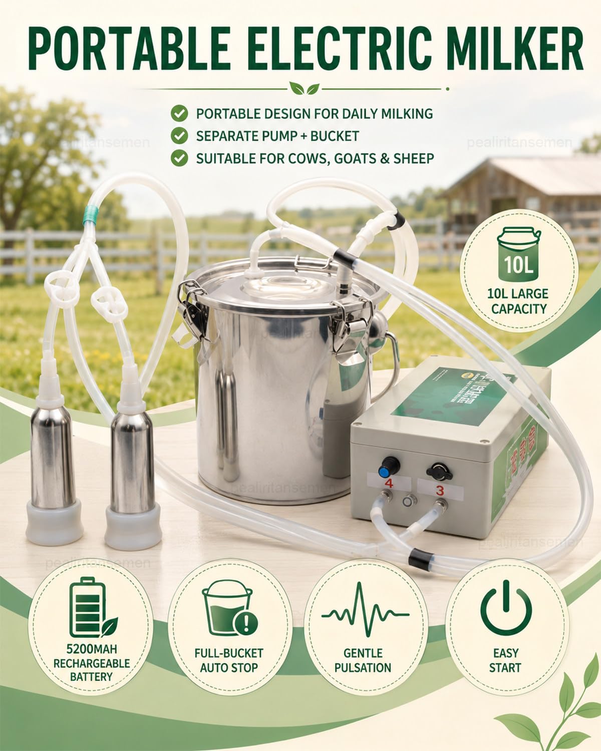 Máquina De Ordeño para Vacas, Ordeñadora Eléctrica con Cubo De Acero Inoxidable De 10 L, Batería De 5200 mAh Y Parada Automática para Establos, Ranchos Y Granjas Familiares forSheep