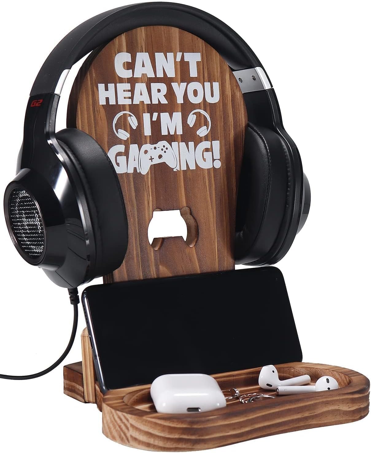 Tazweeq Gamer Gifts for Teenage Boy, Gamer Room Decor, Best Gifts, Wooden Gaming Headset Stand, for Man, Son, Boyfriend, Husband, Gaming Accessories, for Gaming Desktop- Can't Hear You I'm Gaming