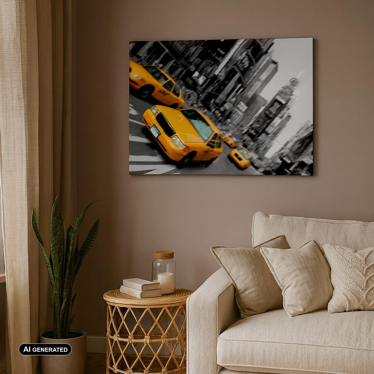 Cuadro sobre Lienzo 70x50cm Horizontal Arquitectura Blanco y Negro - 2178 | América Taxi Ciudad Cuadro Decorativo Arte mural Decoración del Hogar Salón Dormitorio Cocina Oficina Cuadros de Pared Estilo