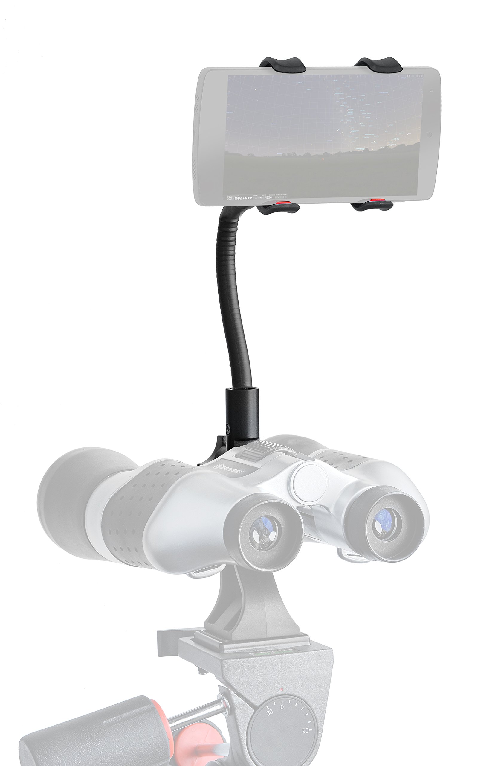 Bresser Smartphone Halter für Ferngläser/Teleskope mit Stativadapter und flexiblem Schwanenhals zur einfachen Ausrichtung und Montage des Smartphones, schwarz