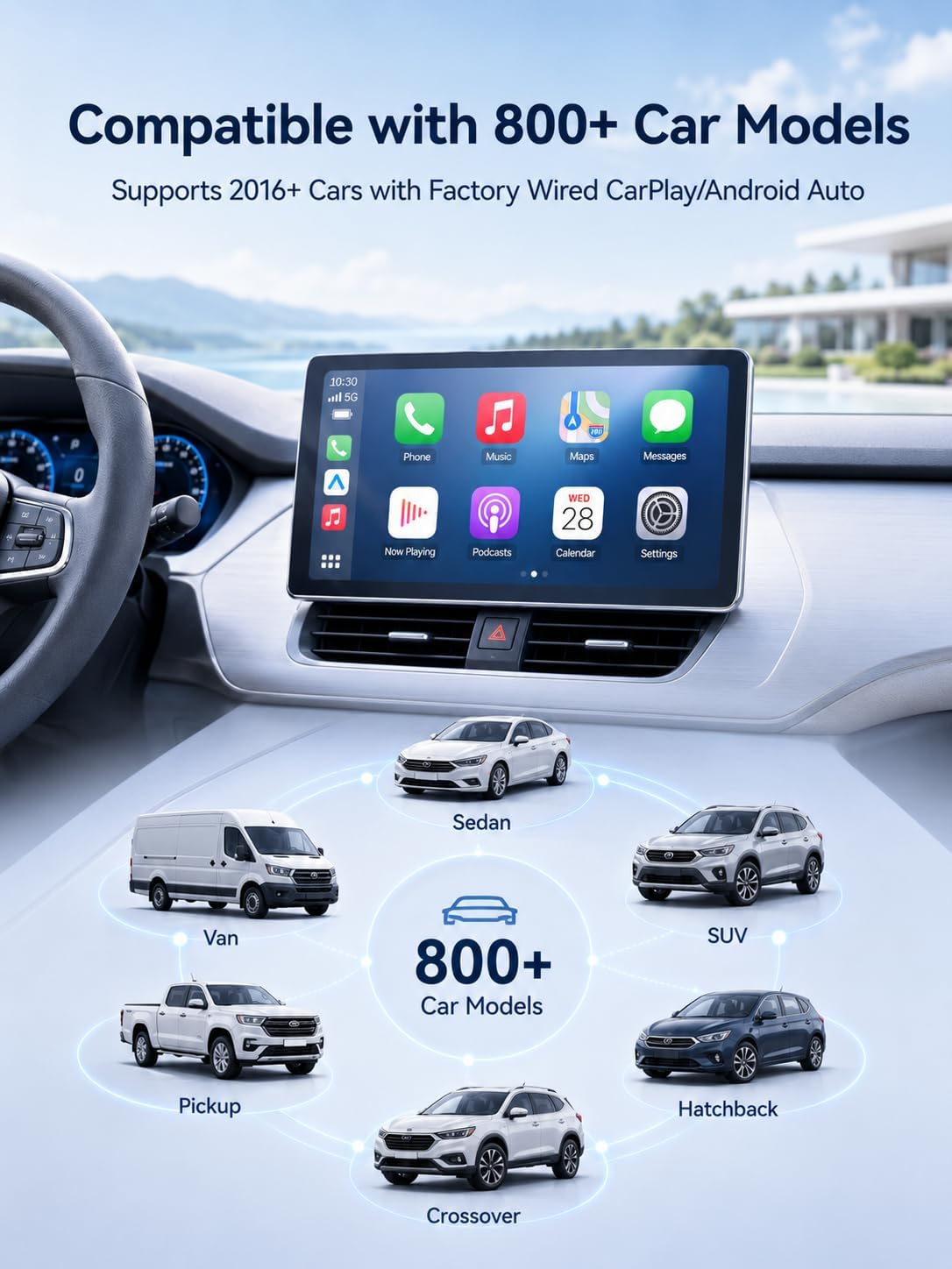 USB-C Wireless CarPlay & Android Auto Adapter, 2-in-1 Plug-in Adapter for Factory Wired CarPlay/Android Auto Cars, Converts Wired to Wireless, Auto Reconnect, 5GHz WiFi, USB Adapter Included