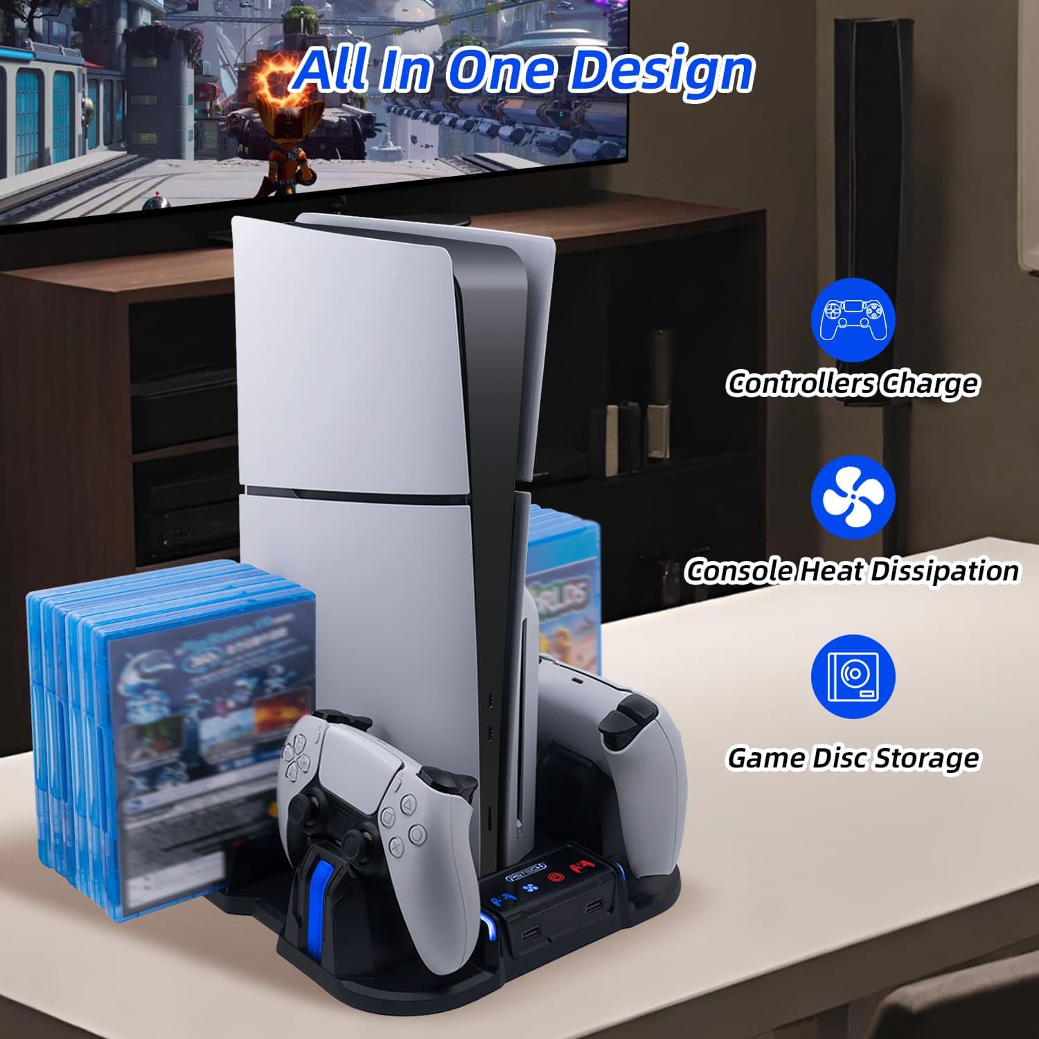 Mcbazel PS5 Slim Station de Charge de Refroidissement Turbo 3 Vitesses Multifonctionnelle Double Manette Chargeur de Ventilateur pour PS5 Slim Disc/Digital Console – Noir(Non pour PS5/PS5 Pro)