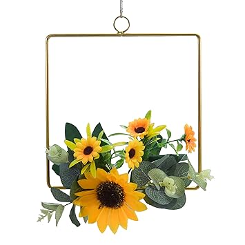 Spring Wreath for Front Door, Sunflower Rose Wreath for Window Outdoor Wall Decoration, Welcome Garland Wreath for Spring Summer, with Round Triangle Square Metal (Spring Wreath-2)