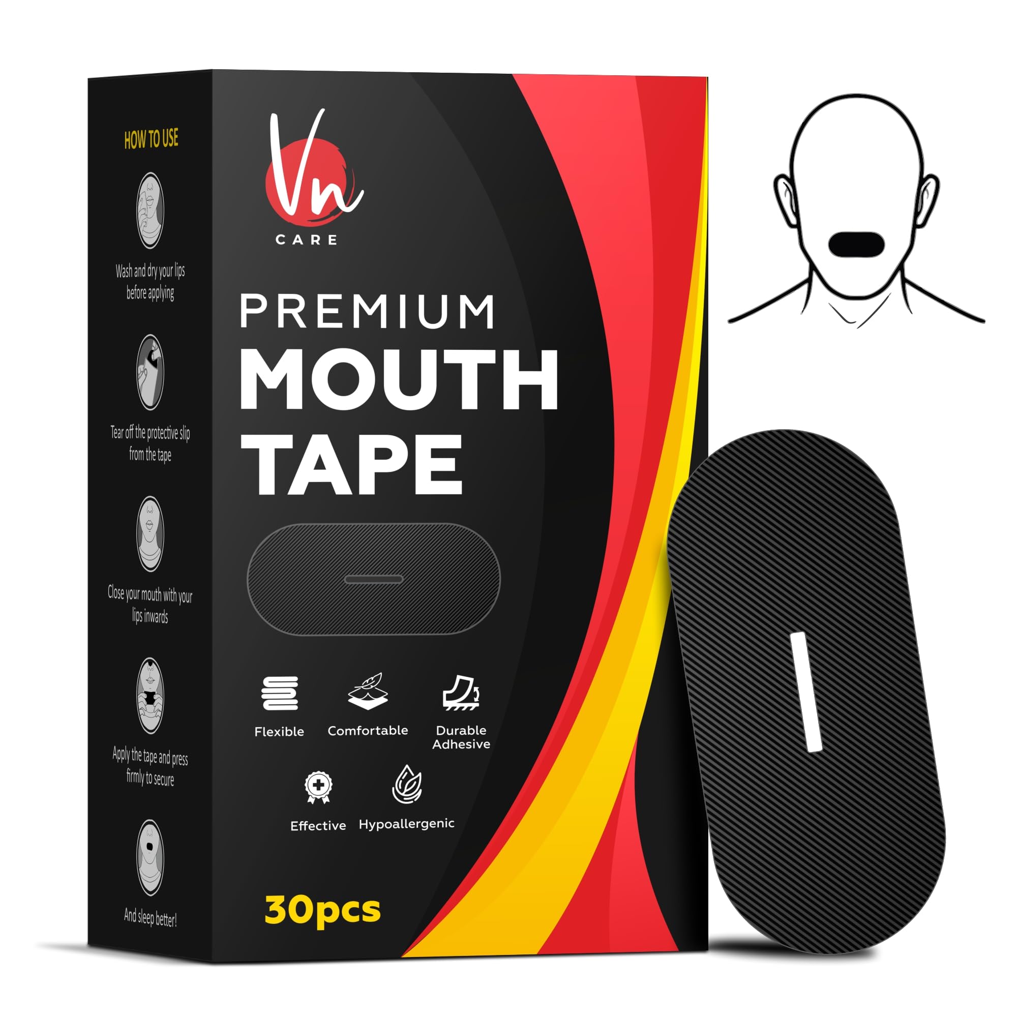 Vn care 30 Pcs Mouth Tape for Sleeping Adults – Anti Snoring Sleep Strips, Mouth Breathing Stopper for Nose Breathing & Better Sleep | Hypoallergenic Adhesive, Comfortable Fit | Black Sleep Mouth Tape