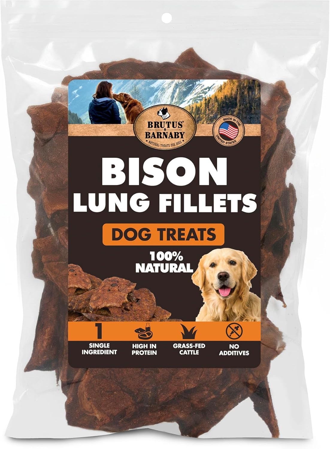 BRUTUS & BARNABY Bison Lung Fillets for Dogs – 100% USA-Sourced Single Ingredient Dog Treat – High Protein, Healthy, All-Natural Dog Chews – Grain-Free, No Additives, (16oz) – Made in The USA