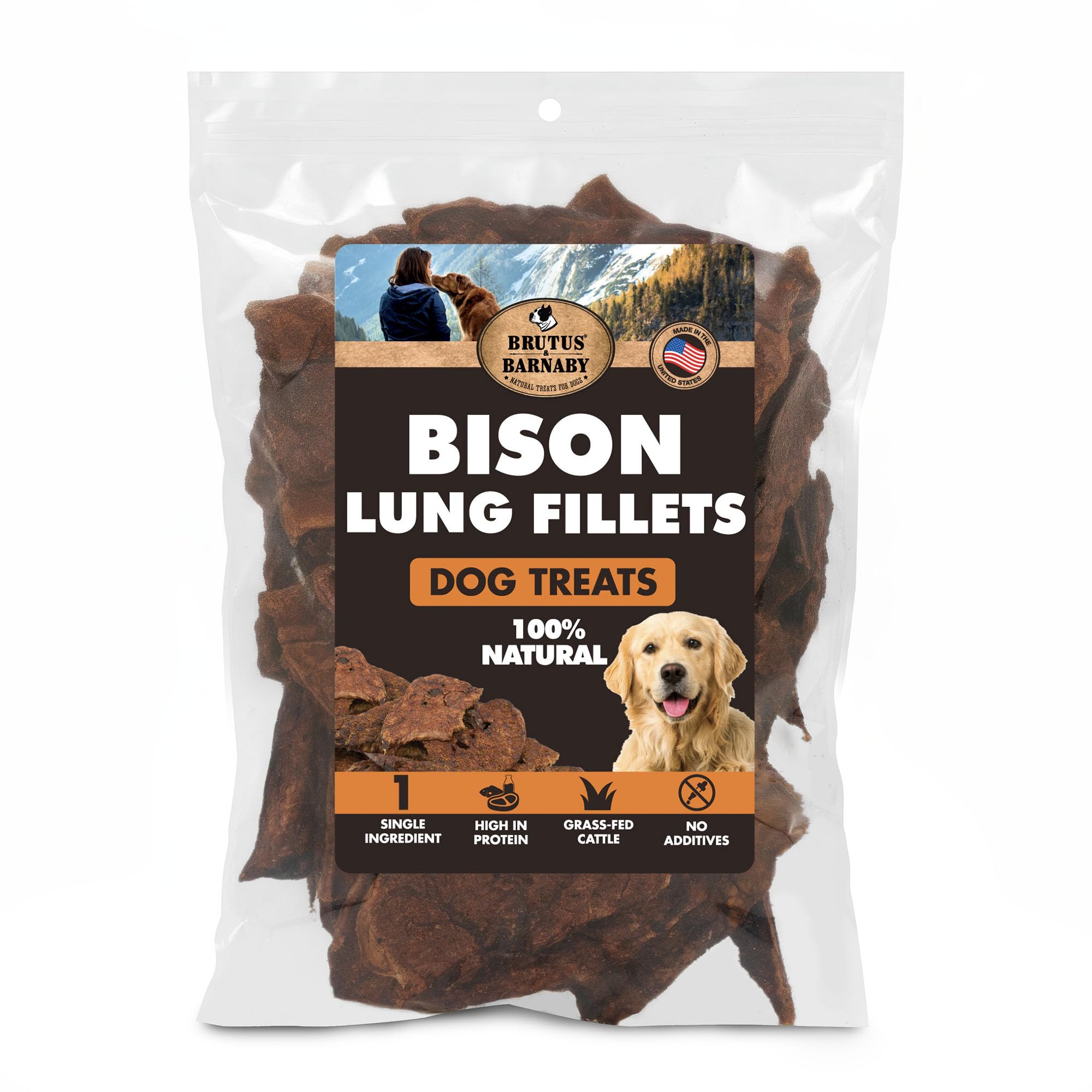 BRUTUS & BARNABY Bison Lung Fillets for Dogs – 100% USA-Sourced Single Ingredient Dog Treat – High Protein, Healthy, All-Natural Dog Chews –
