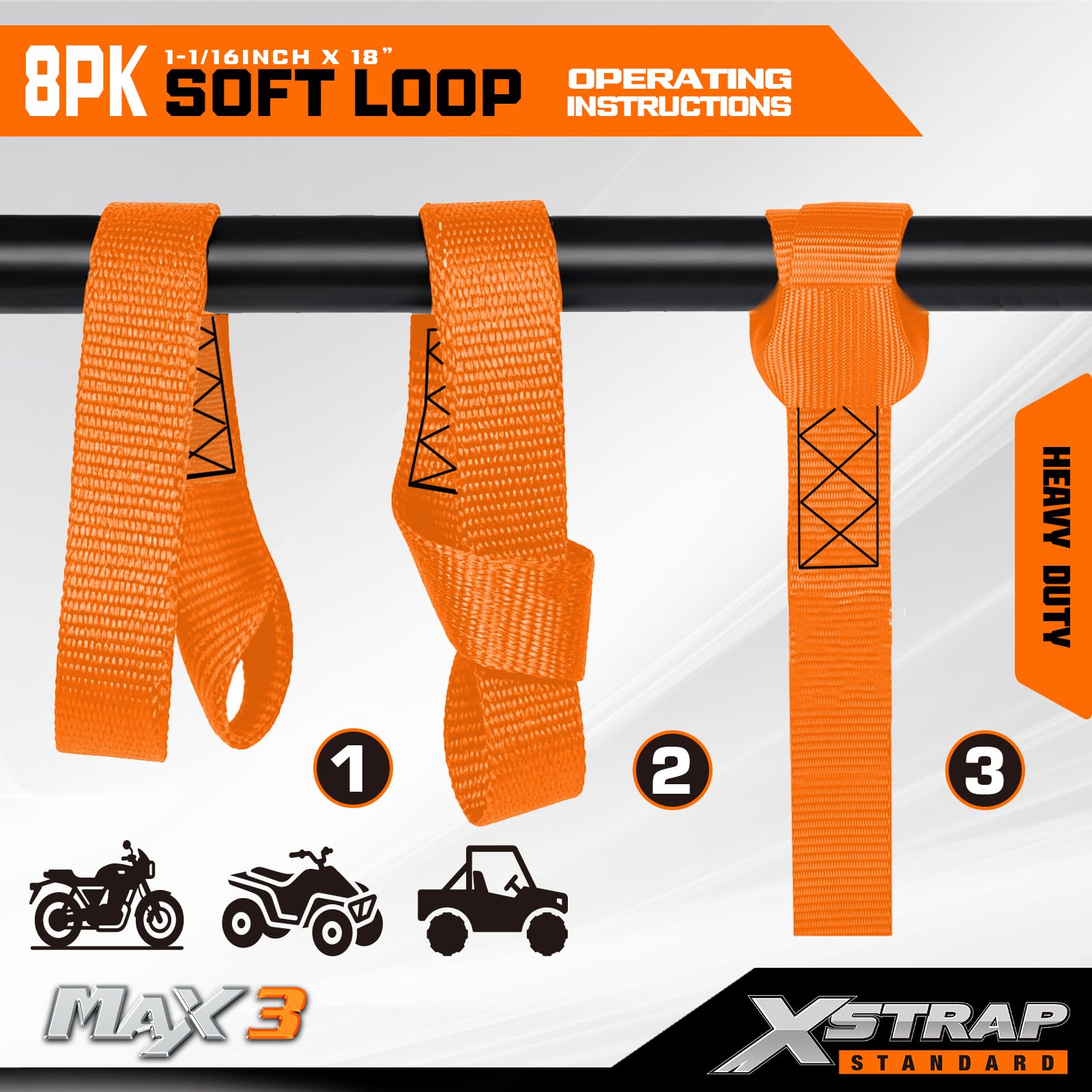XSTRAP STANDARD Miękkie paski mocujące z pętelką, 8 szt., wytrzymałość na rozerwanie 1-1/40 x 45 cm - 1,632 kg, pętle do zabezpieczania przyczep rowerów, ATV, UTV, motocykli, skuterów, motocykli crossowych, sprzętu do trawnika, pomarańczowe