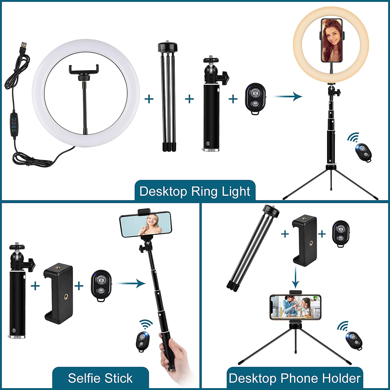 10" La Luce Anello a LED con Supporto per treppiede Regolabile e Supporto del Telefono, Bluetooth Remote Compatibile con iOS Android, per Il Trucco in Diretta di Youtube Video Fotografia