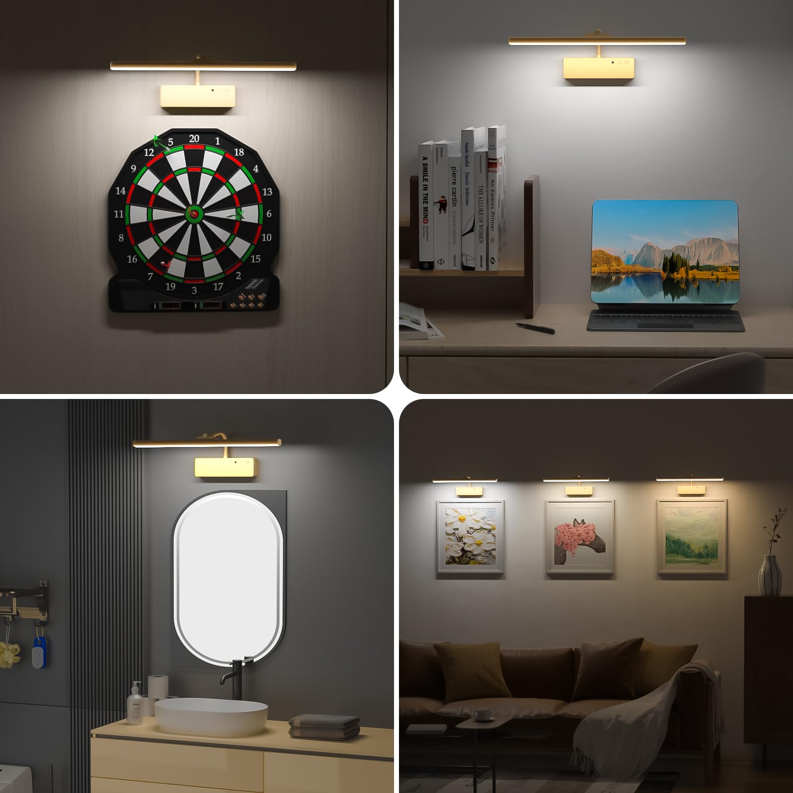 Lightbiz LED Bildbeleuchtung Kabellos, Akku Wandleuchte Innen mit Fernbedienung und Aufladbar, Dimmbare & 3 Farbtemperaturen, Beleuchtung für Spiegel Schreibtisch Malen Foto (Gold)