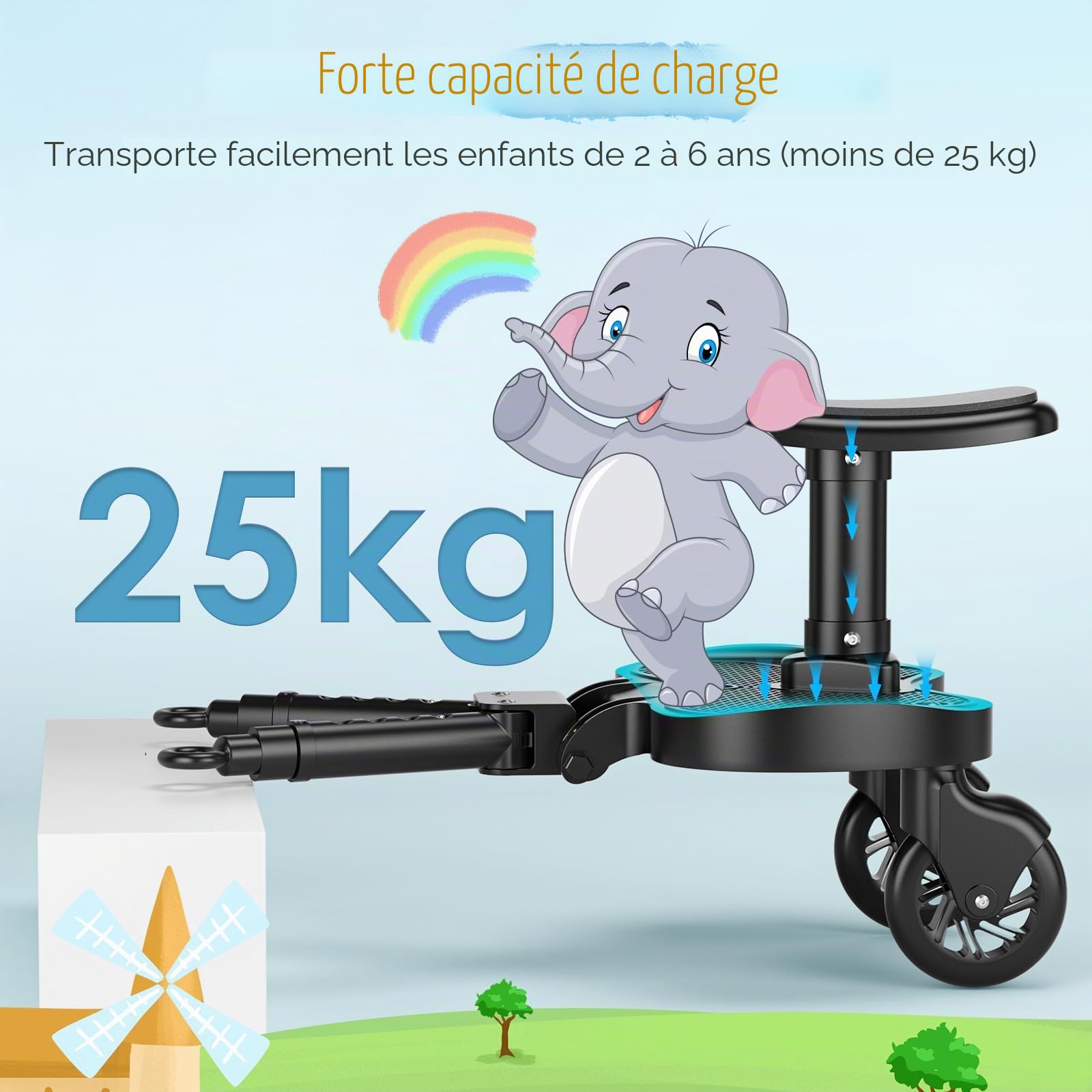 Planche Poussette Universelle,Skate Poussette Universelle, Portable Kiddy Boards,avec Sangle de Suspension,Rotation à 360,Planches à Roulettes pour bébé pour Enfants de 2 à 6 Ans (25kg)