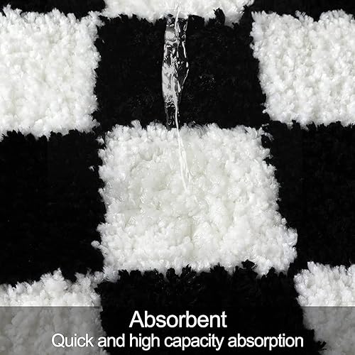 Miniatura 4 de Uphome Alfombra de baño larga a cuadros en blanco y negro, antideslizante, absorbente de agua, alfombra de baño de microfibra suave, lavable a