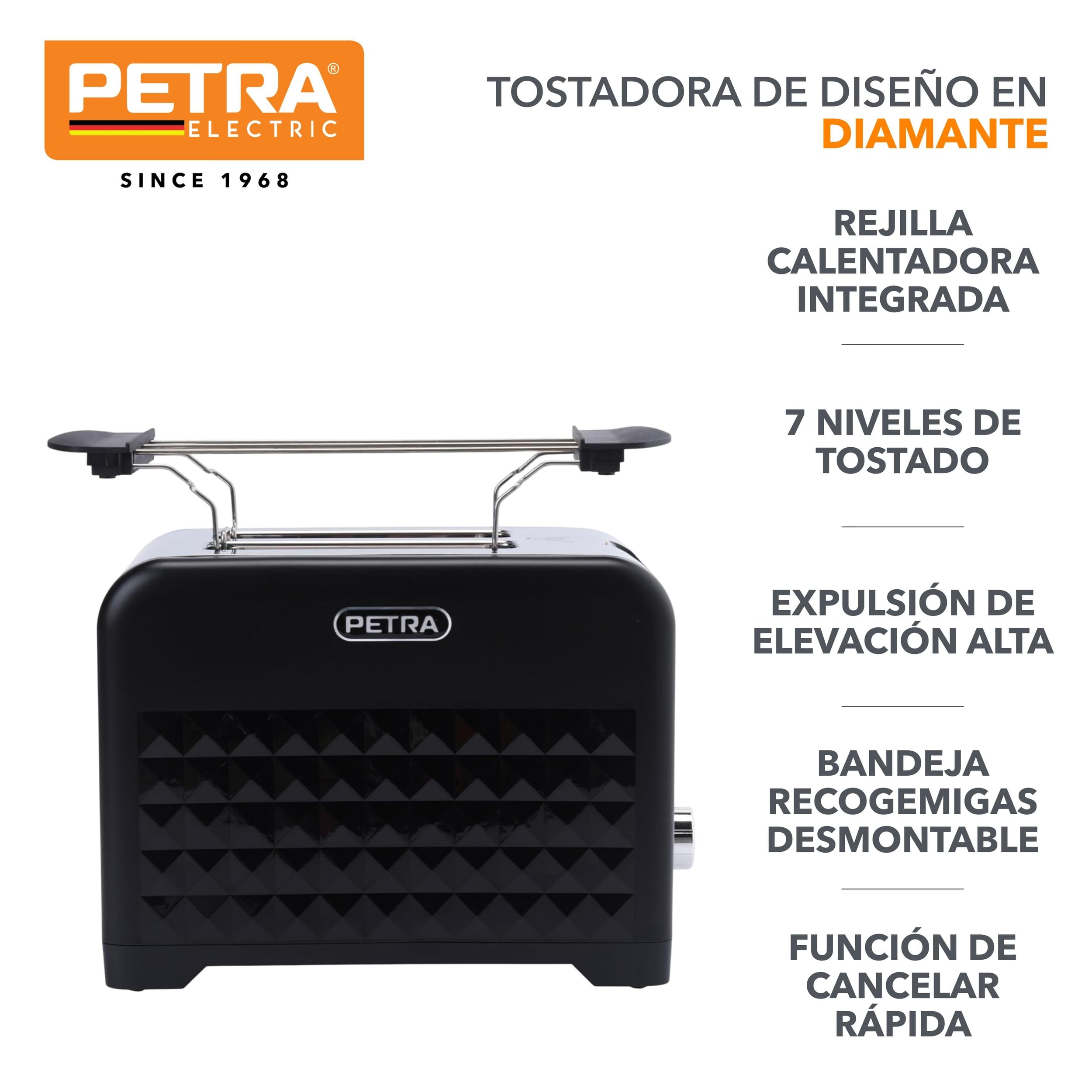 Petra PT6104BVDE Tostadora de 2 Rebanadas – Incluye Accesorio de Rejilla Calentadora, 7 Niveles de Tostado, Descongelar, Recalentar y Cancelar, Bandeja para Migas Extraíble, Diseño en Diamante, 930 W