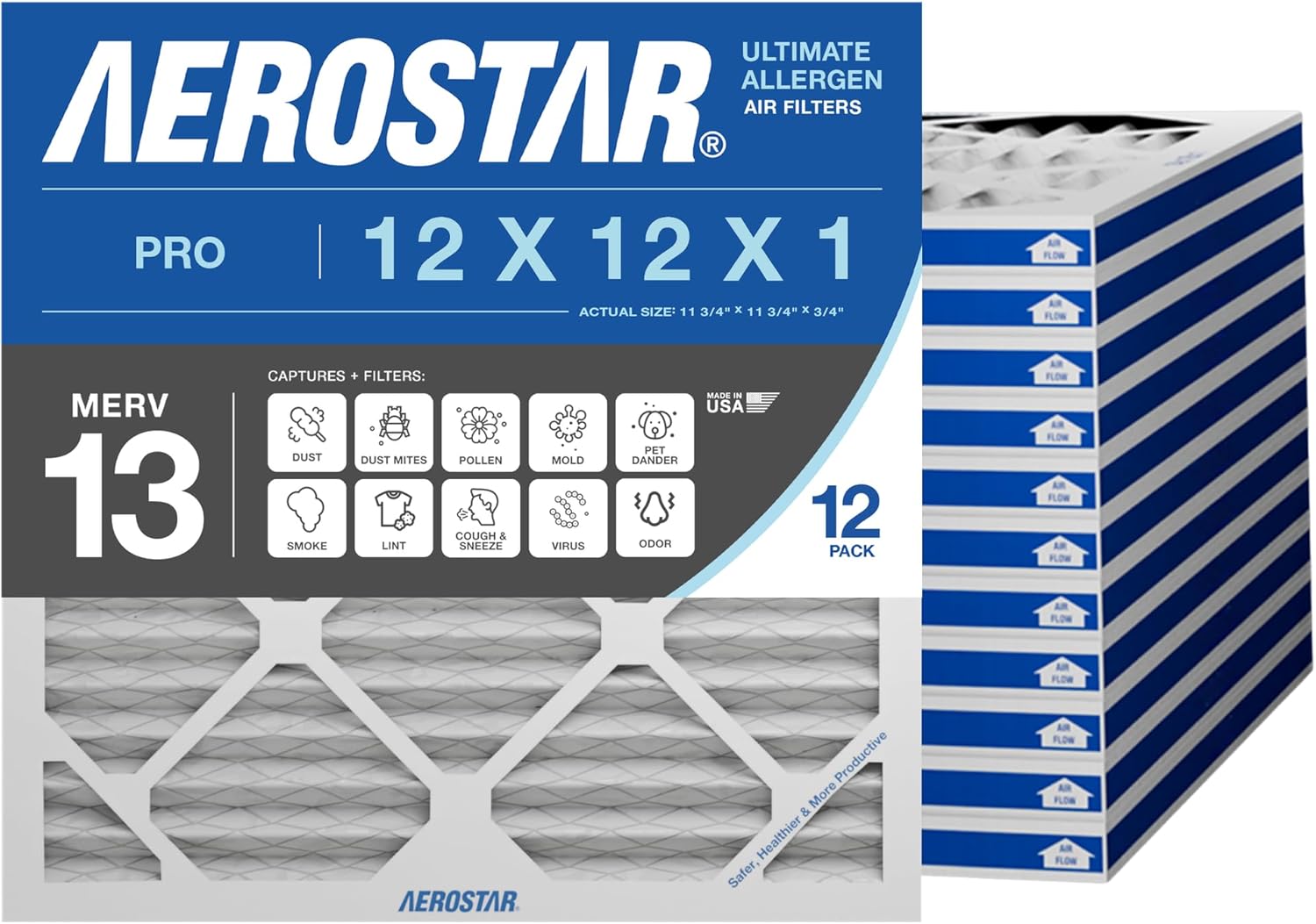 Aerostar 12x12x1 MERV 13 Pleated Air Filter, 12 Pack, AC Furnace Filter, HVAC Filter for Home (Actual Size: 11.75x11.75x0.75)