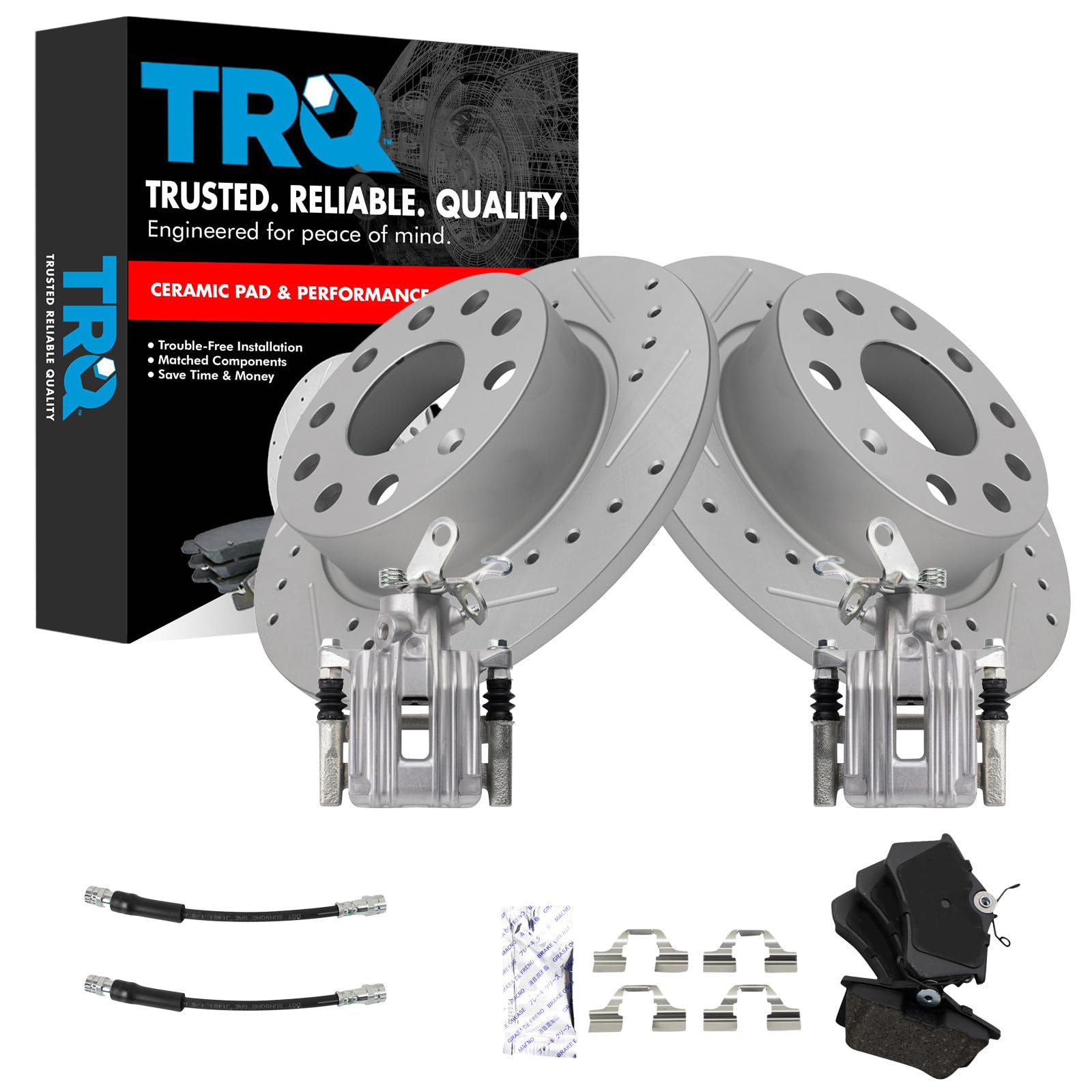 TRQ Performance Rear Brake Pad and Rotor Set Ceramic Slotted Drilled 253 mm Rotors Calipers Hoses Compatible with 2010-2013 Audi A3